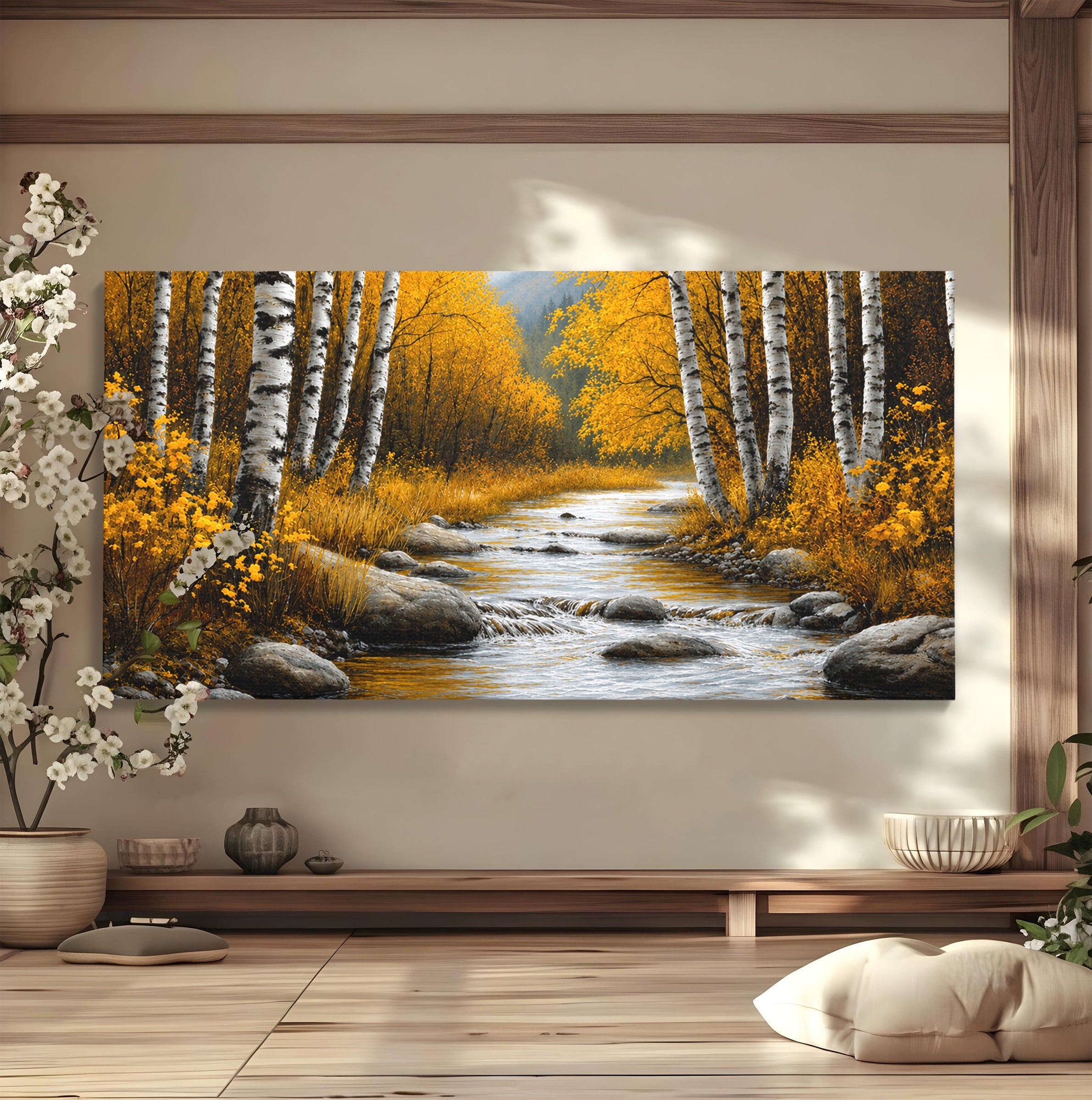 Tablou Canvas Premium LuxCanva® A1722, Padure De Mesteceni Toamna, Padure, Mesteceni, Toamna, Peisaj, Rau, Natura, Living, Dormitor, Culori Vibrante