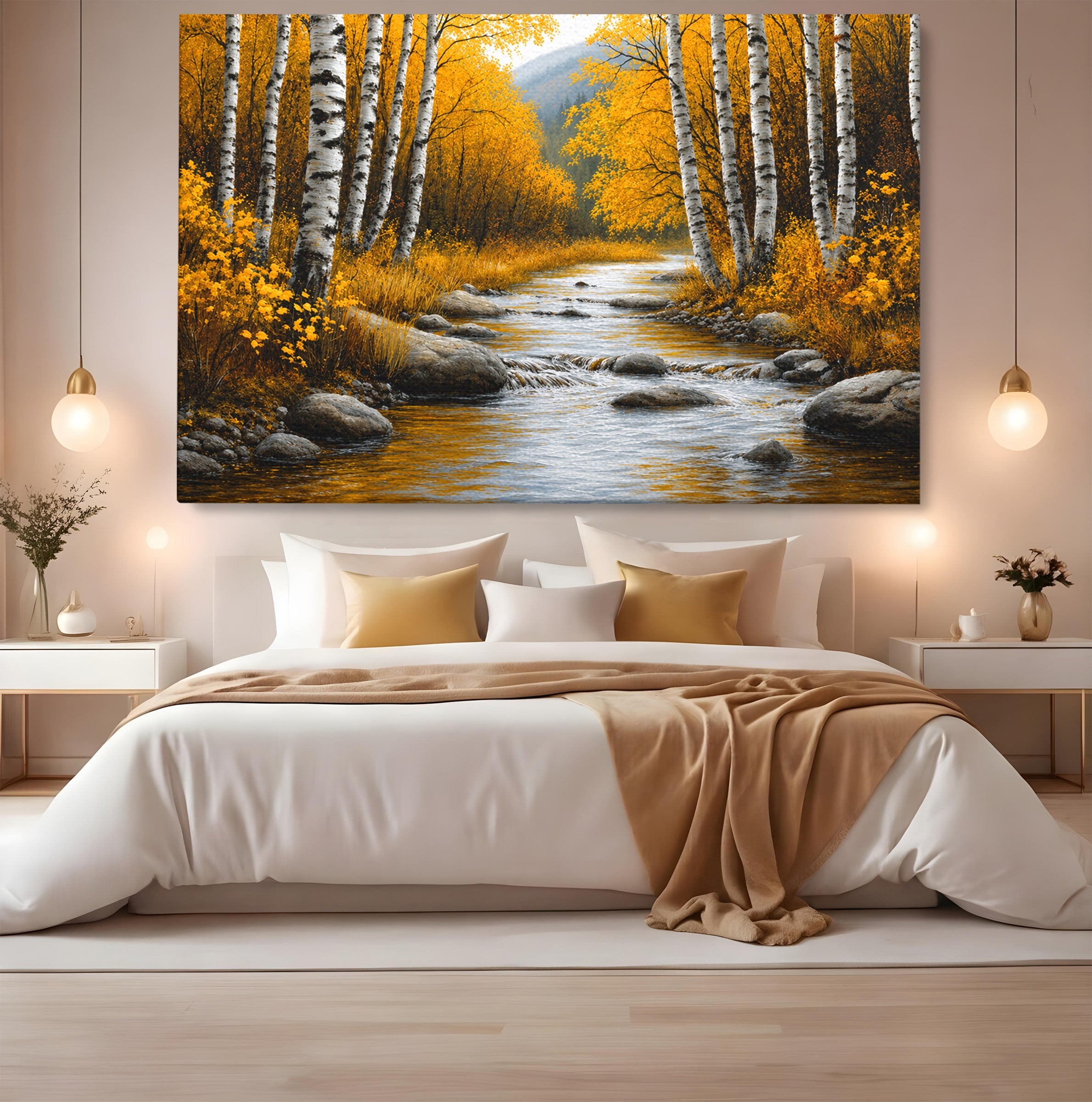 Tablou Canvas Premium LuxCanva® A1722, Padure De Mesteceni Toamna, Padure, Mesteceni, Toamna, Peisaj, Rau, Natura, Living, Dormitor, Culori Vibrante