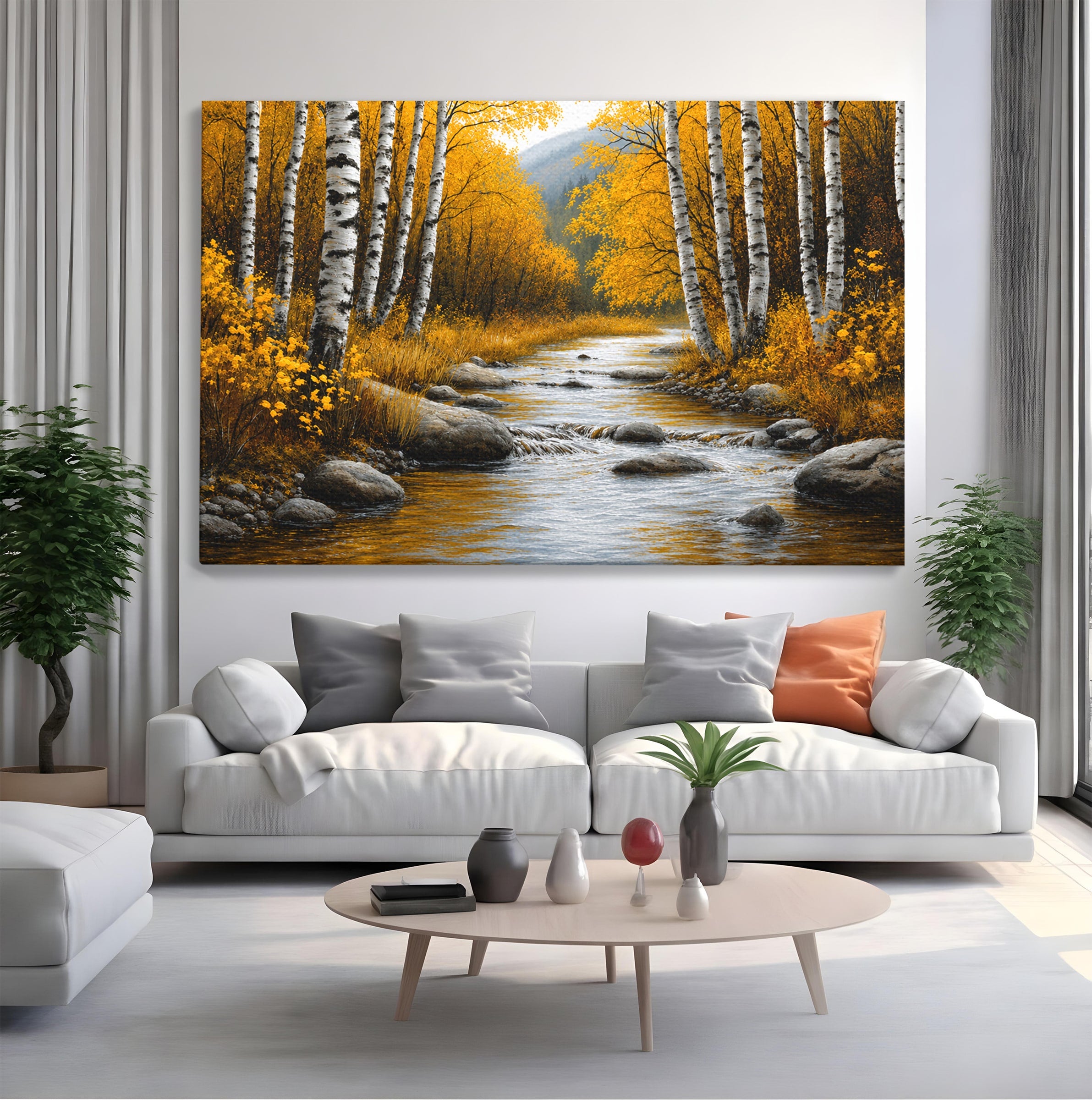Tablou Canvas Premium LuxCanva® A1722, Padure De Mesteceni Toamna, Padure, Mesteceni, Toamna, Peisaj, Rau, Natura, Living, Dormitor, Culori Vibrante