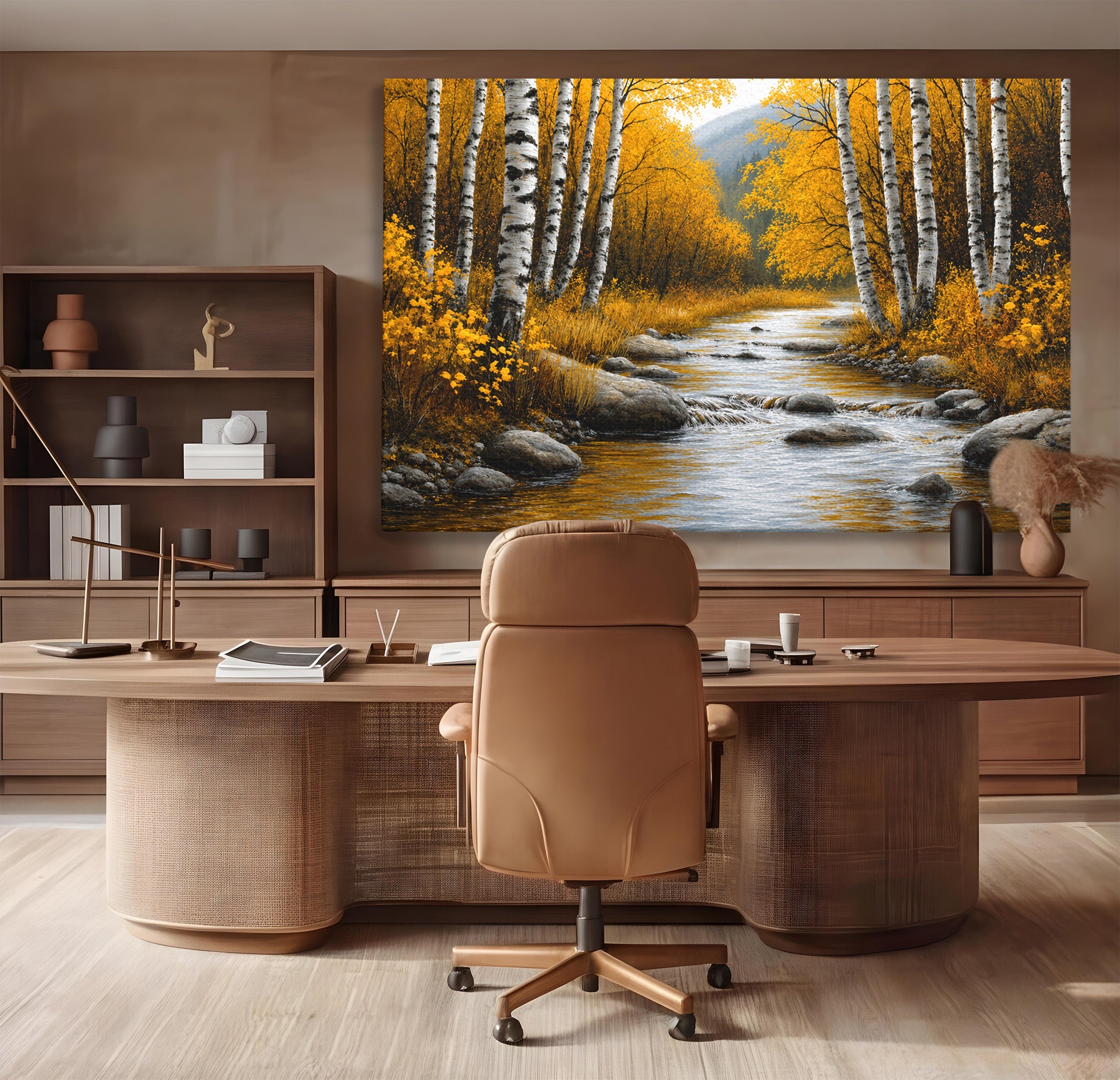 Tablou Canvas Premium LuxCanva® A1722, Padure De Mesteceni Toamna, Padure, Mesteceni, Toamna, Peisaj, Rau, Natura, Living, Dormitor, Culori Vibrante