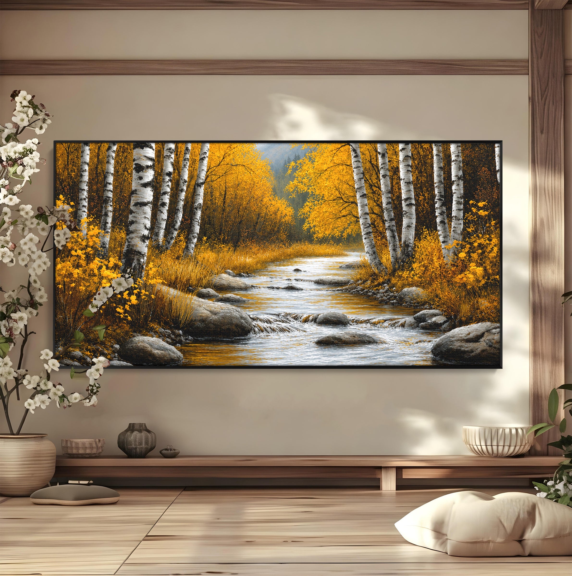 Tablou Canvas Premium LuxCanva® A1722, Padure De Mesteceni Toamna, Padure, Mesteceni, Toamna, Peisaj, Rau, Natura, Living, Dormitor, Culori Vibrante