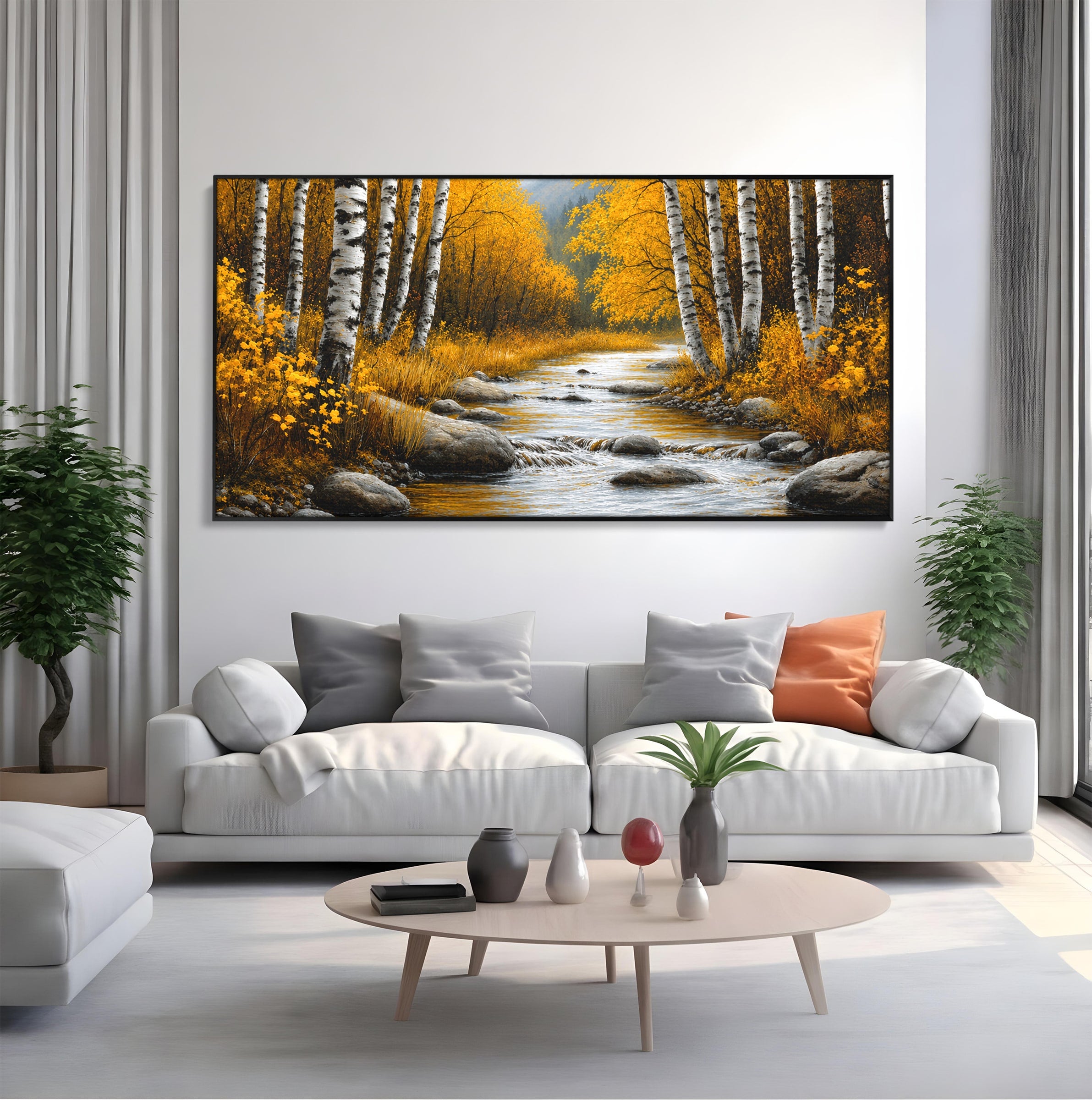Tablou Canvas Premium LuxCanva® A1722, Padure De Mesteceni Toamna, Padure, Mesteceni, Toamna, Peisaj, Rau, Natura, Living, Dormitor, Culori Vibrante