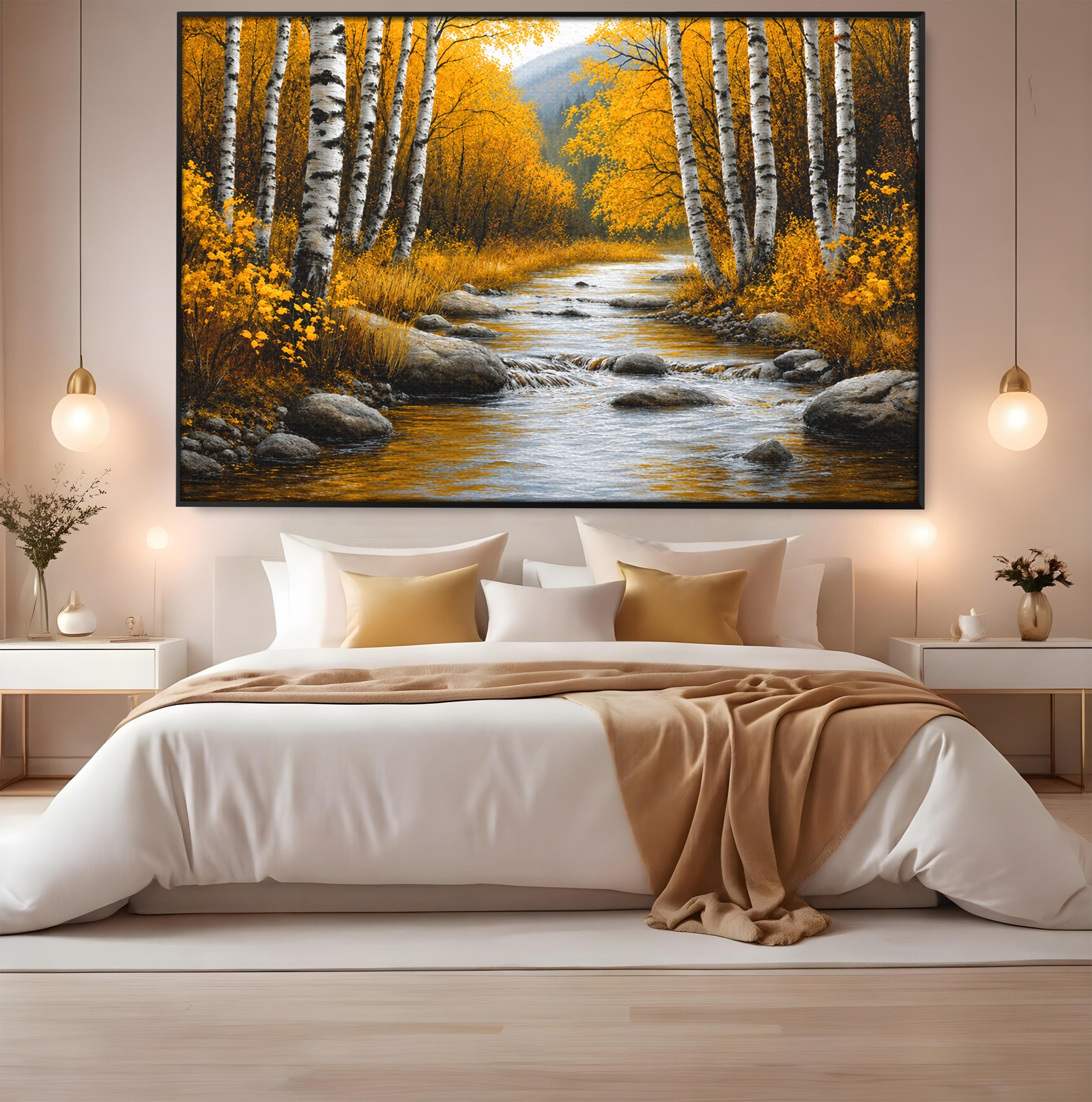 Tablou Canvas Premium LuxCanva® A1722, Padure De Mesteceni Toamna, Padure, Mesteceni, Toamna, Peisaj, Rau, Natura, Living, Dormitor, Culori Vibrante