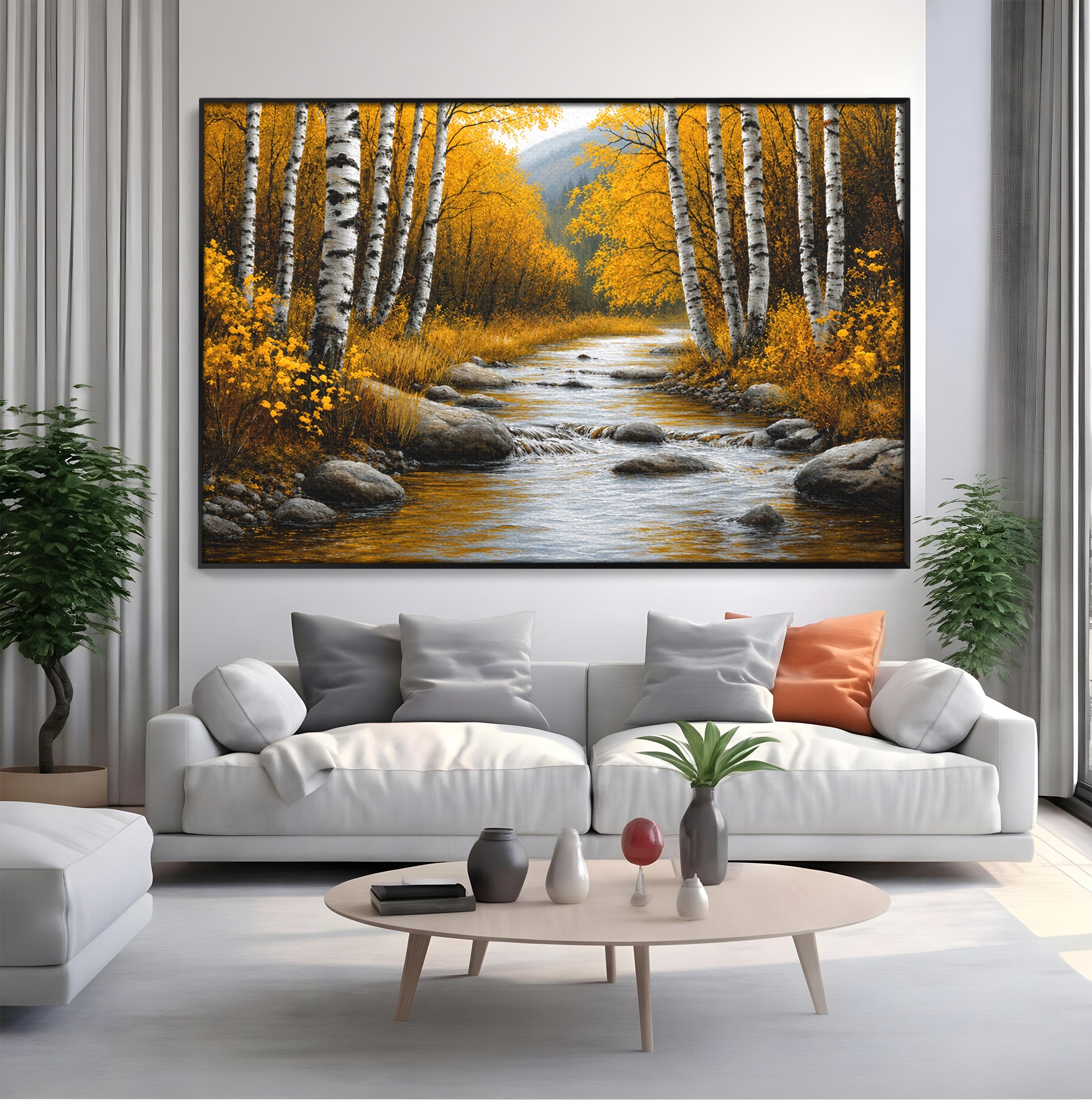 Tablou Canvas Premium LuxCanva® A1722, Padure De Mesteceni Toamna, Padure, Mesteceni, Toamna, Peisaj, Rau, Natura, Living, Dormitor, Culori Vibrante