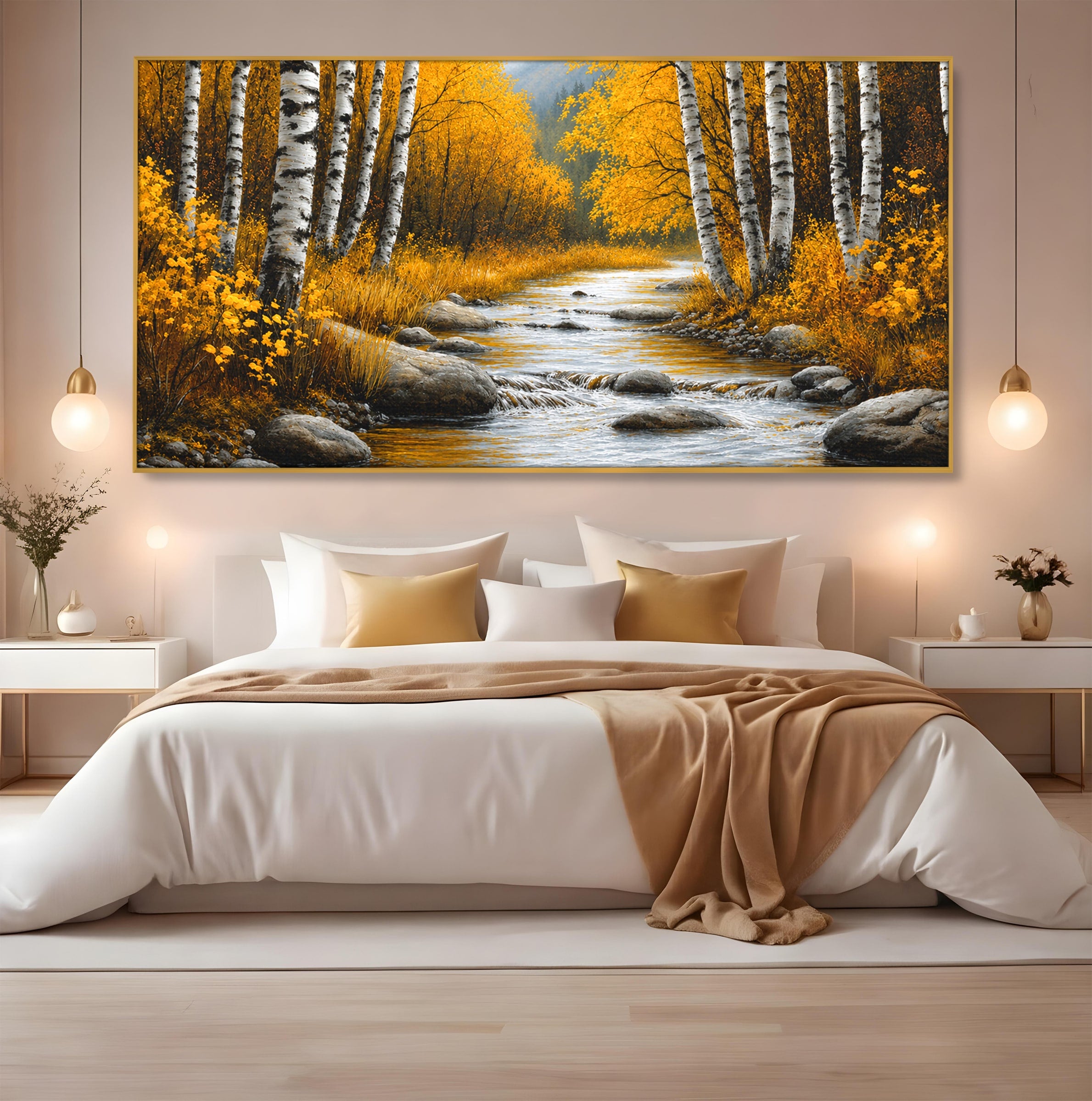 Tablou Canvas Premium LuxCanva® A1722, Padure De Mesteceni Toamna, Padure, Mesteceni, Toamna, Peisaj, Rau, Natura, Living, Dormitor, Culori Vibrante