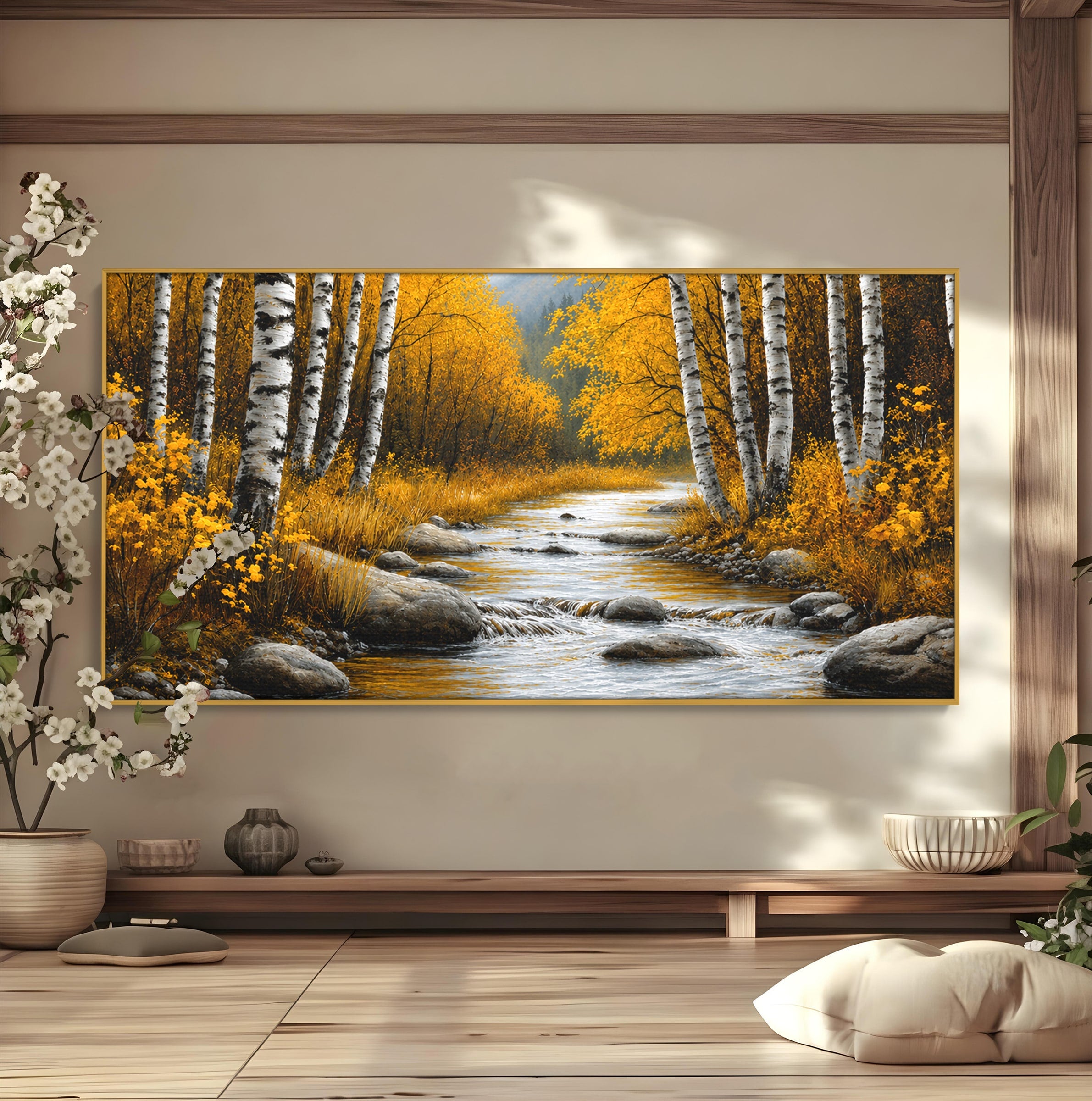 Tablou Canvas Premium LuxCanva® A1722, Padure De Mesteceni Toamna, Padure, Mesteceni, Toamna, Peisaj, Rau, Natura, Living, Dormitor, Culori Vibrante