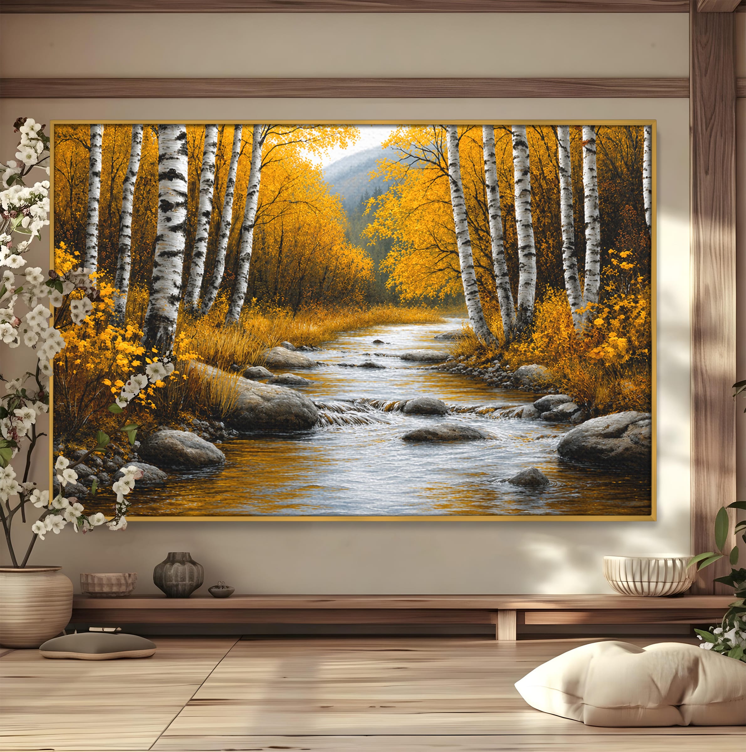 Tablou Canvas Premium LuxCanva® A1722, Padure De Mesteceni Toamna, Padure, Mesteceni, Toamna, Peisaj, Rau, Natura, Living, Dormitor, Culori Vibrante