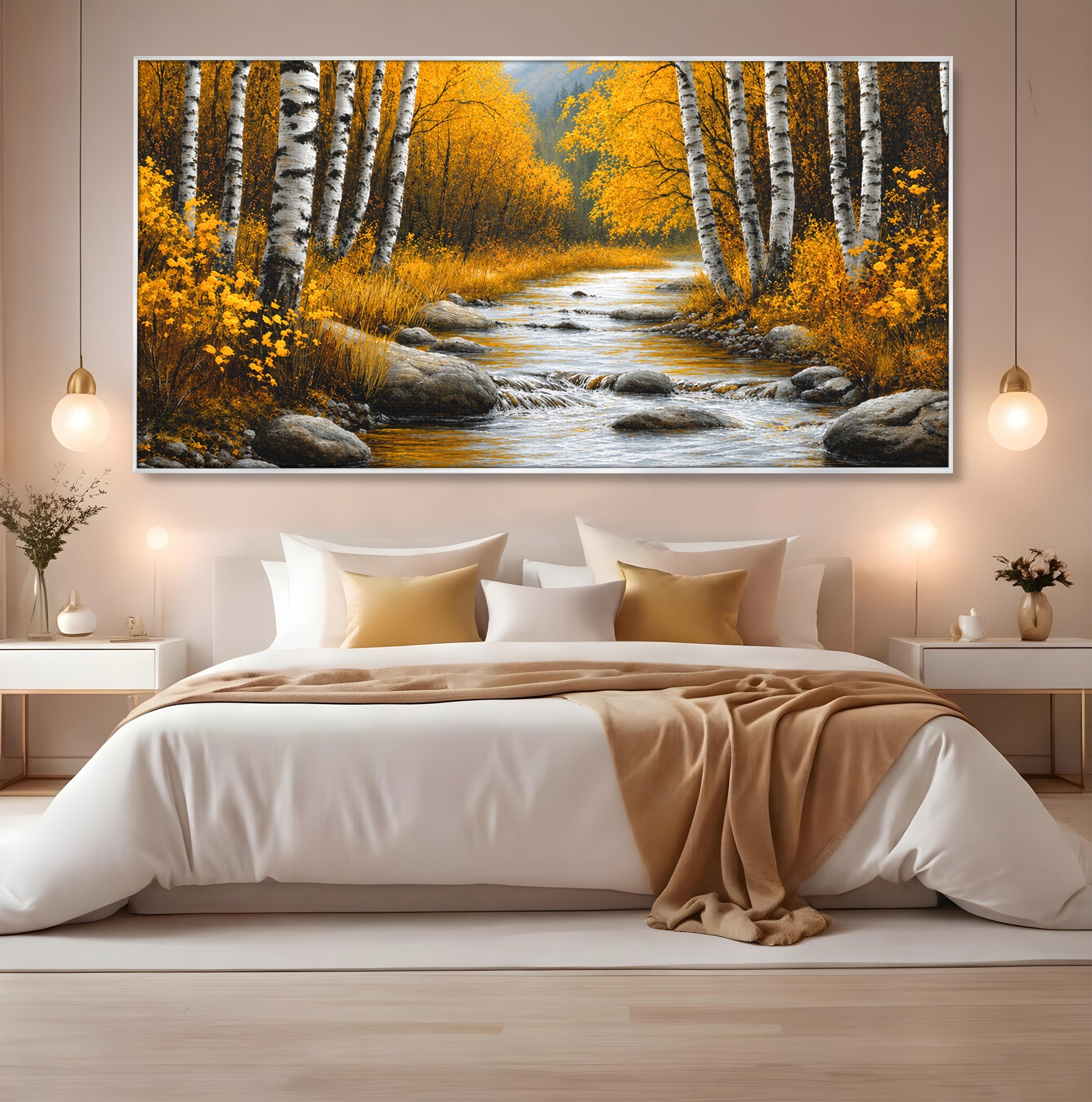 Tablou Canvas Premium LuxCanva® A1722, Padure De Mesteceni Toamna, Padure, Mesteceni, Toamna, Peisaj, Rau, Natura, Living, Dormitor, Culori Vibrante