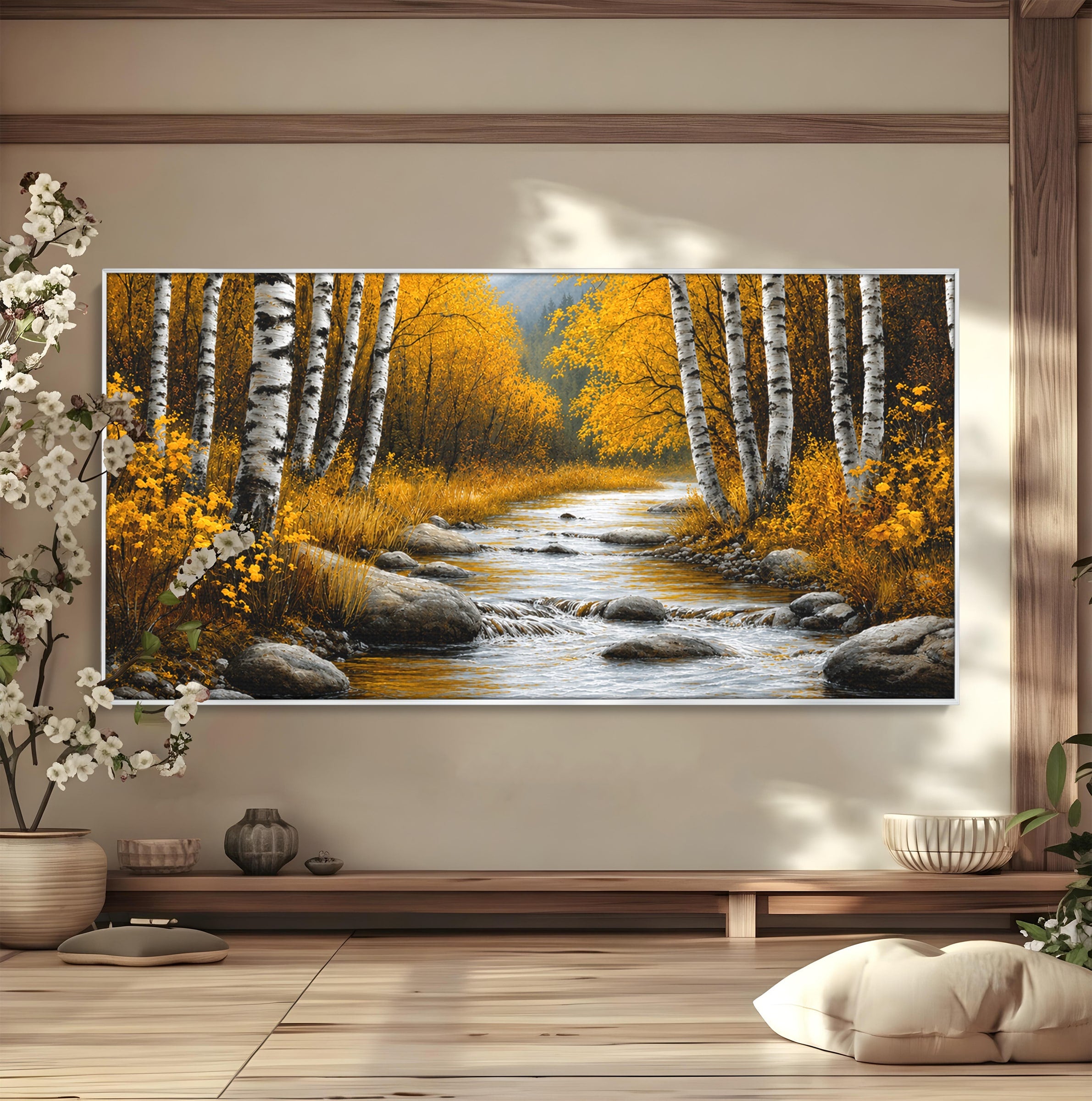 Tablou Canvas Premium LuxCanva® A1722, Padure De Mesteceni Toamna, Padure, Mesteceni, Toamna, Peisaj, Rau, Natura, Living, Dormitor, Culori Vibrante