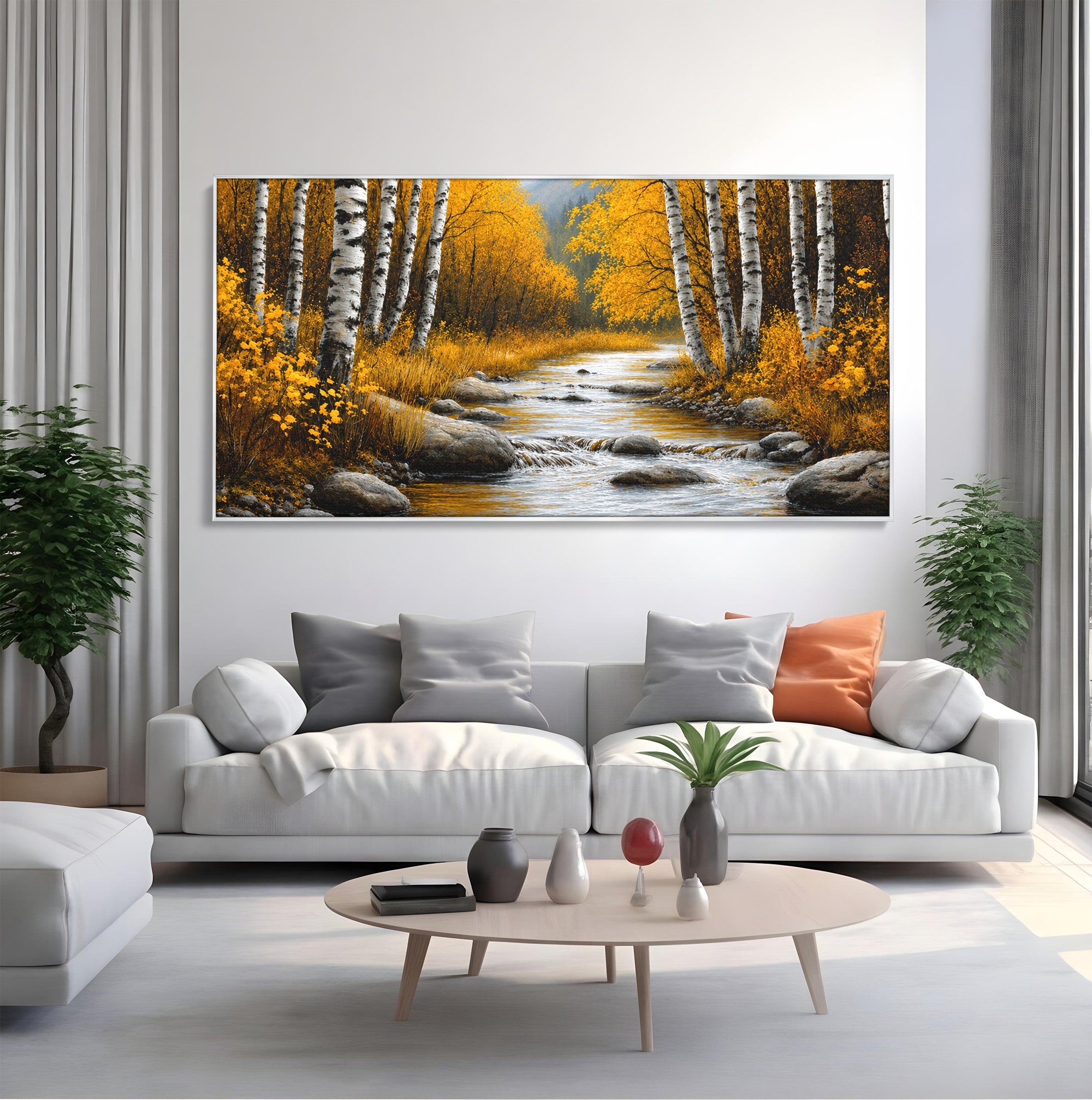 Tablou Canvas Premium LuxCanva® A1722, Padure De Mesteceni Toamna, Padure, Mesteceni, Toamna, Peisaj, Rau, Natura, Living, Dormitor, Culori Vibrante