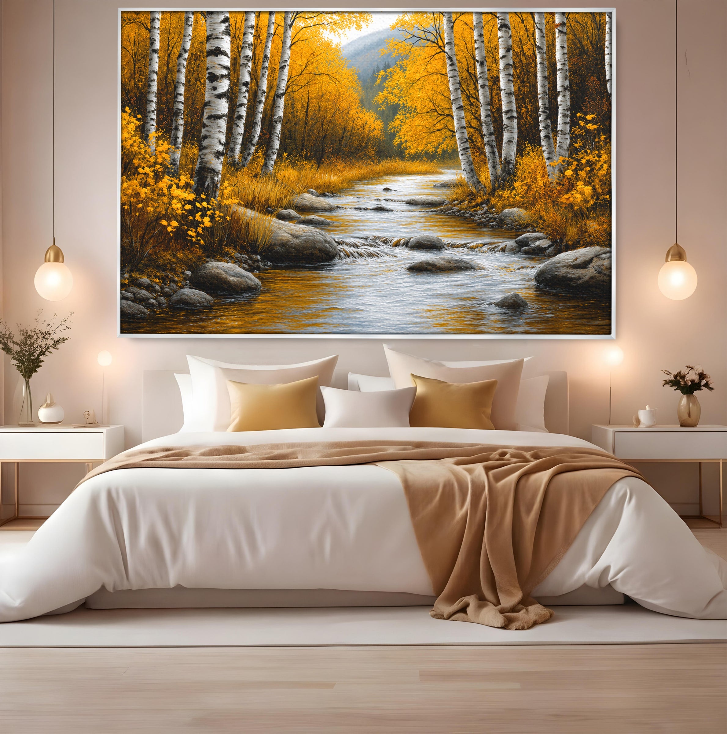 Tablou Canvas Premium LuxCanva® A1722, Padure De Mesteceni Toamna, Padure, Mesteceni, Toamna, Peisaj, Rau, Natura, Living, Dormitor, Culori Vibrante