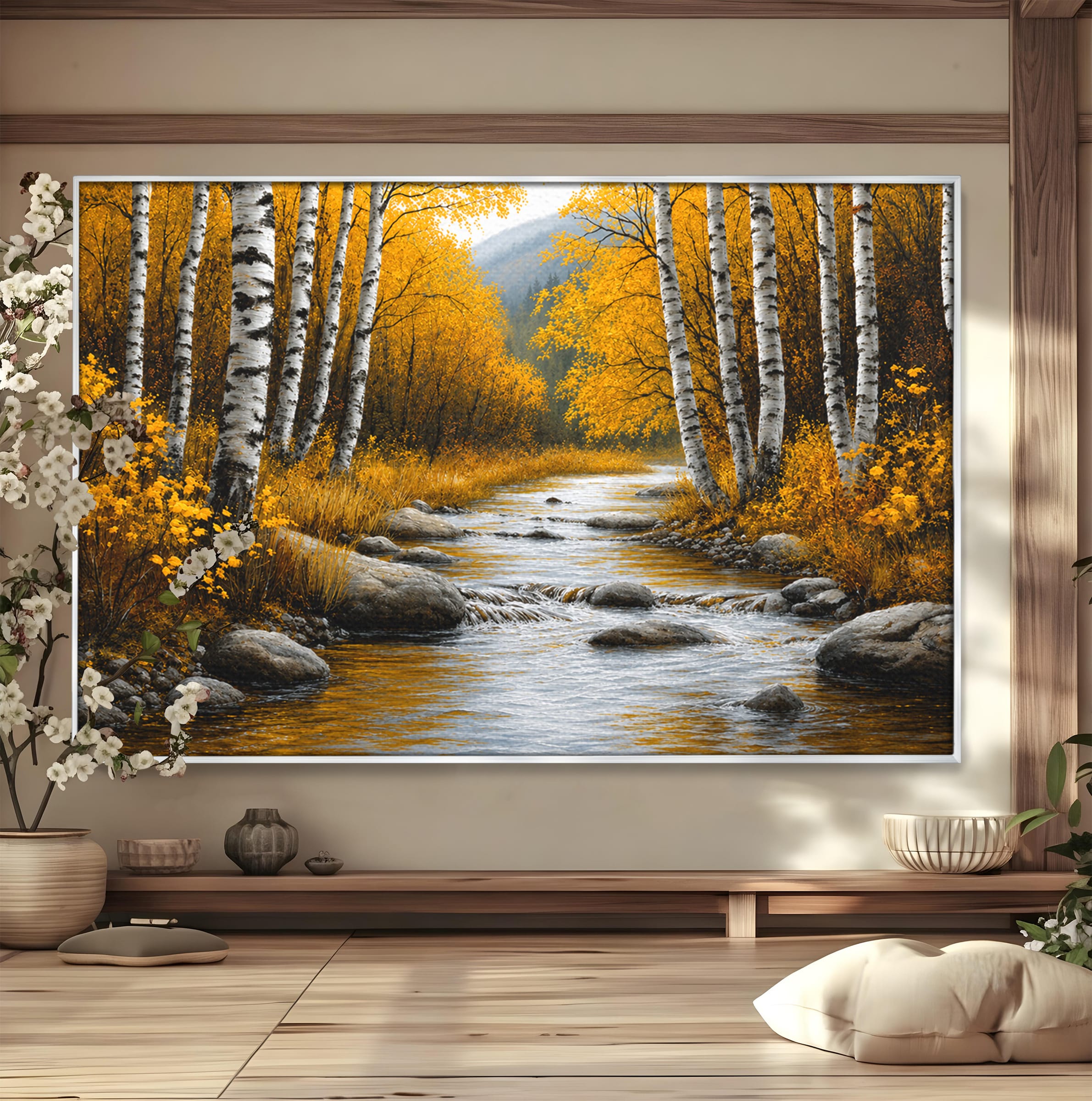Tablou Canvas Premium LuxCanva® A1722, Padure De Mesteceni Toamna, Padure, Mesteceni, Toamna, Peisaj, Rau, Natura, Living, Dormitor, Culori Vibrante