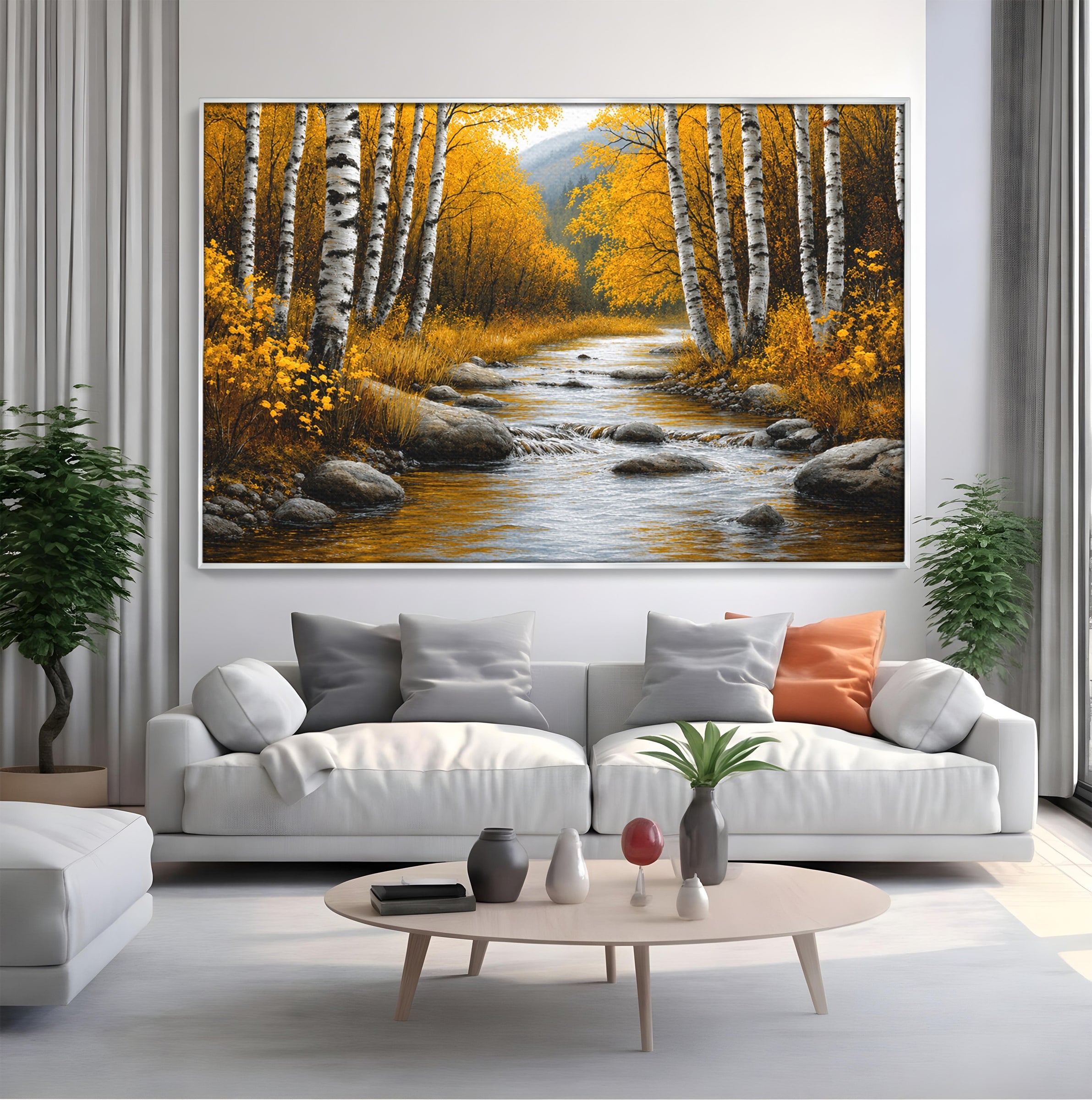 Tablou Canvas Premium LuxCanva® A1722, Padure De Mesteceni Toamna, Padure, Mesteceni, Toamna, Peisaj, Rau, Natura, Living, Dormitor, Culori Vibrante