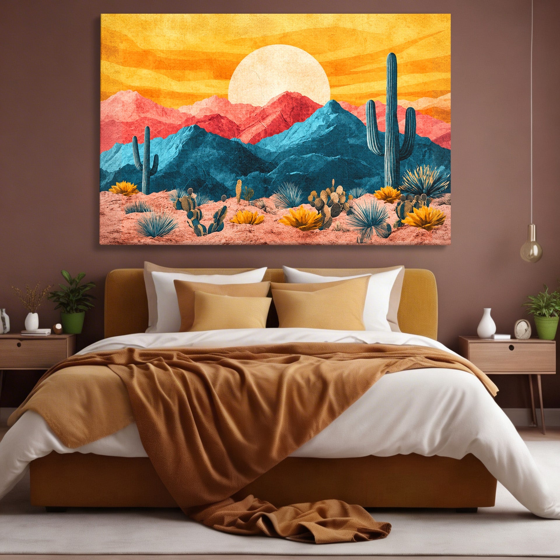 Tablou Canvas Premium LuxCanva® A1723, Desertul La Apus, Desert, Apus, Cactusi, Peisaj, Living, Culori Vibrante