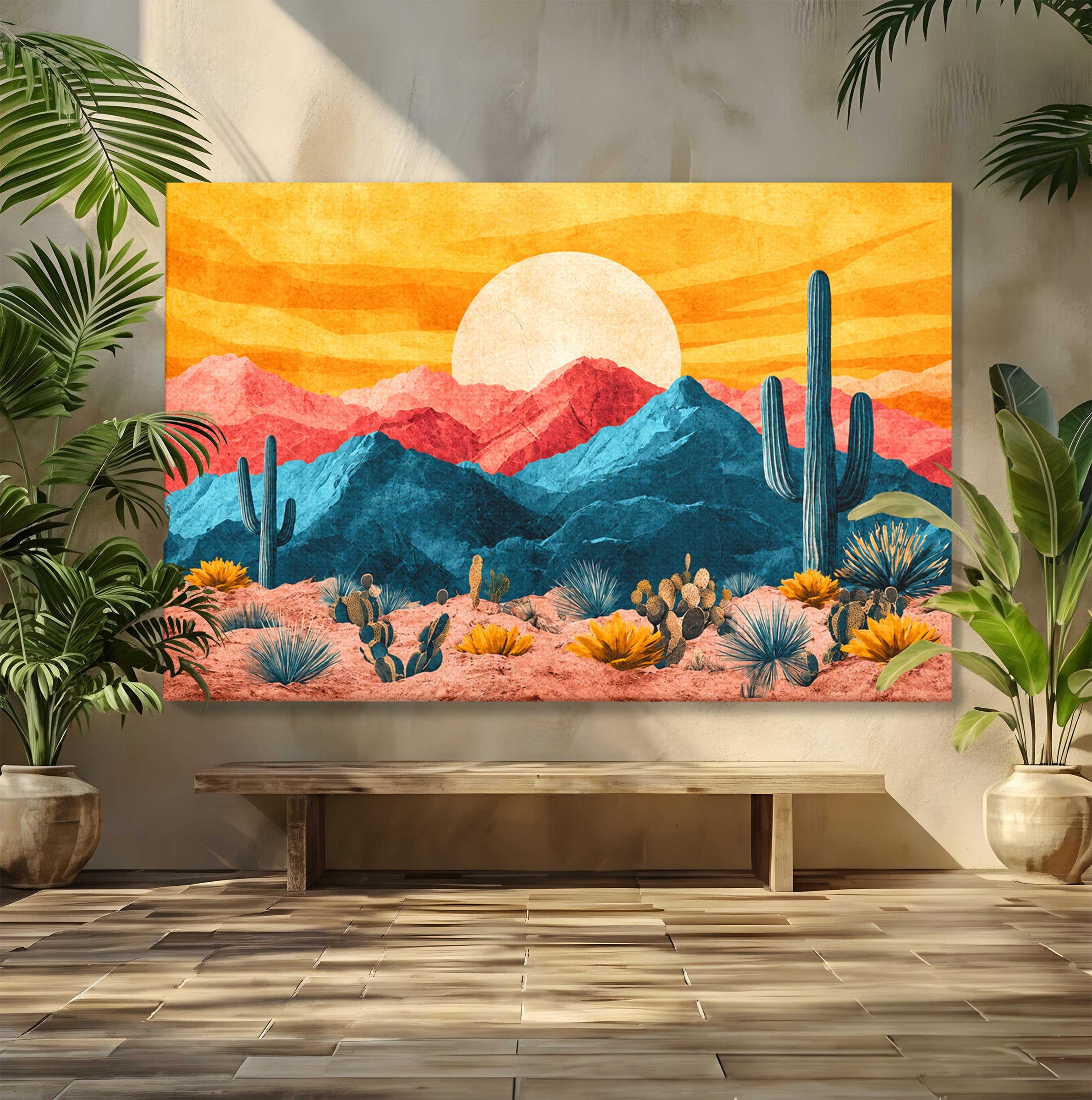 Tablou Canvas Premium LuxCanva® A1723, Desertul La Apus, Desert, Apus, Cactusi, Peisaj, Living, Culori Vibrante