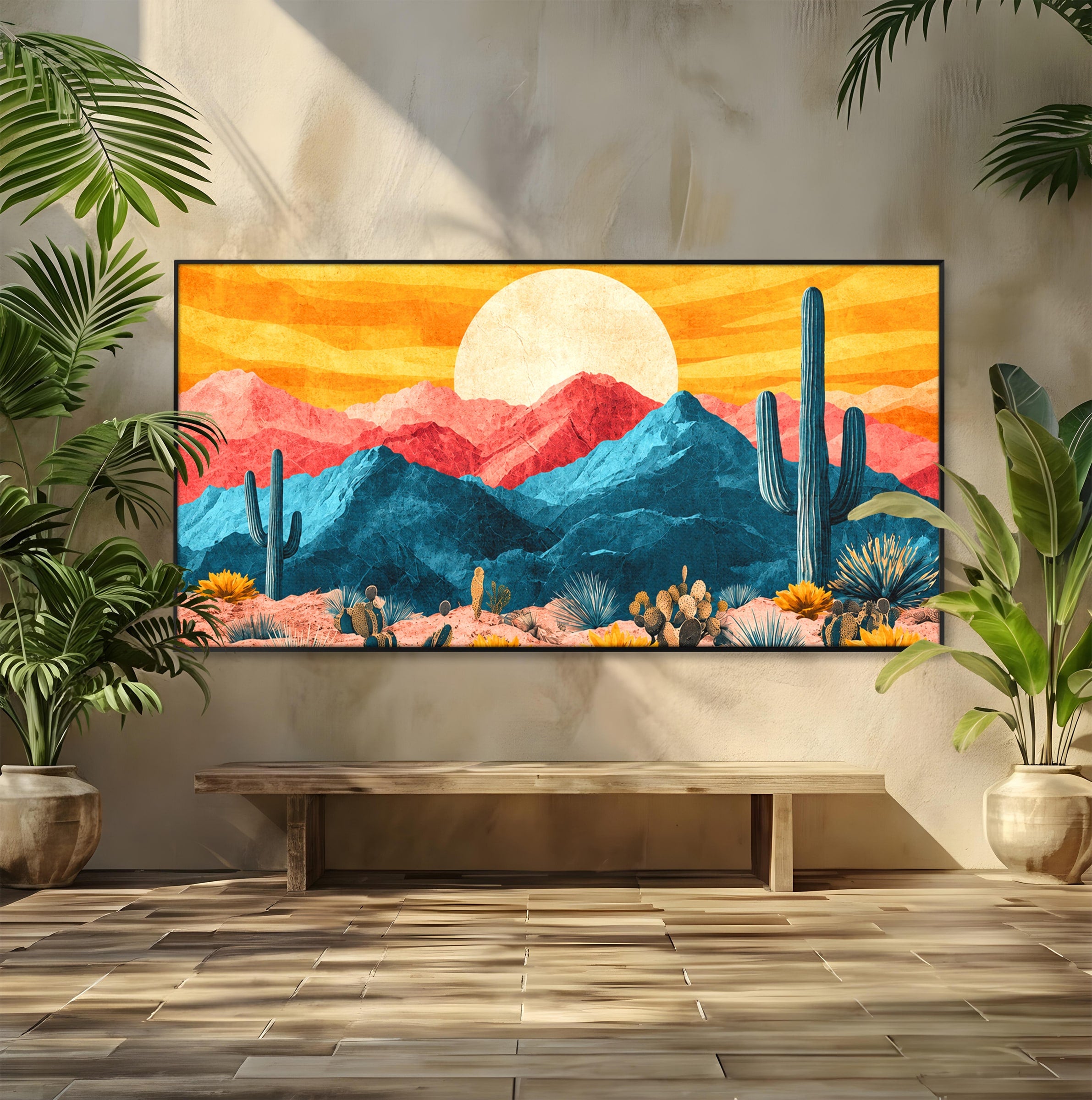Tablou Canvas Premium LuxCanva® A1723, Desertul La Apus, Desert, Apus, Cactusi, Peisaj, Living, Culori Vibrante