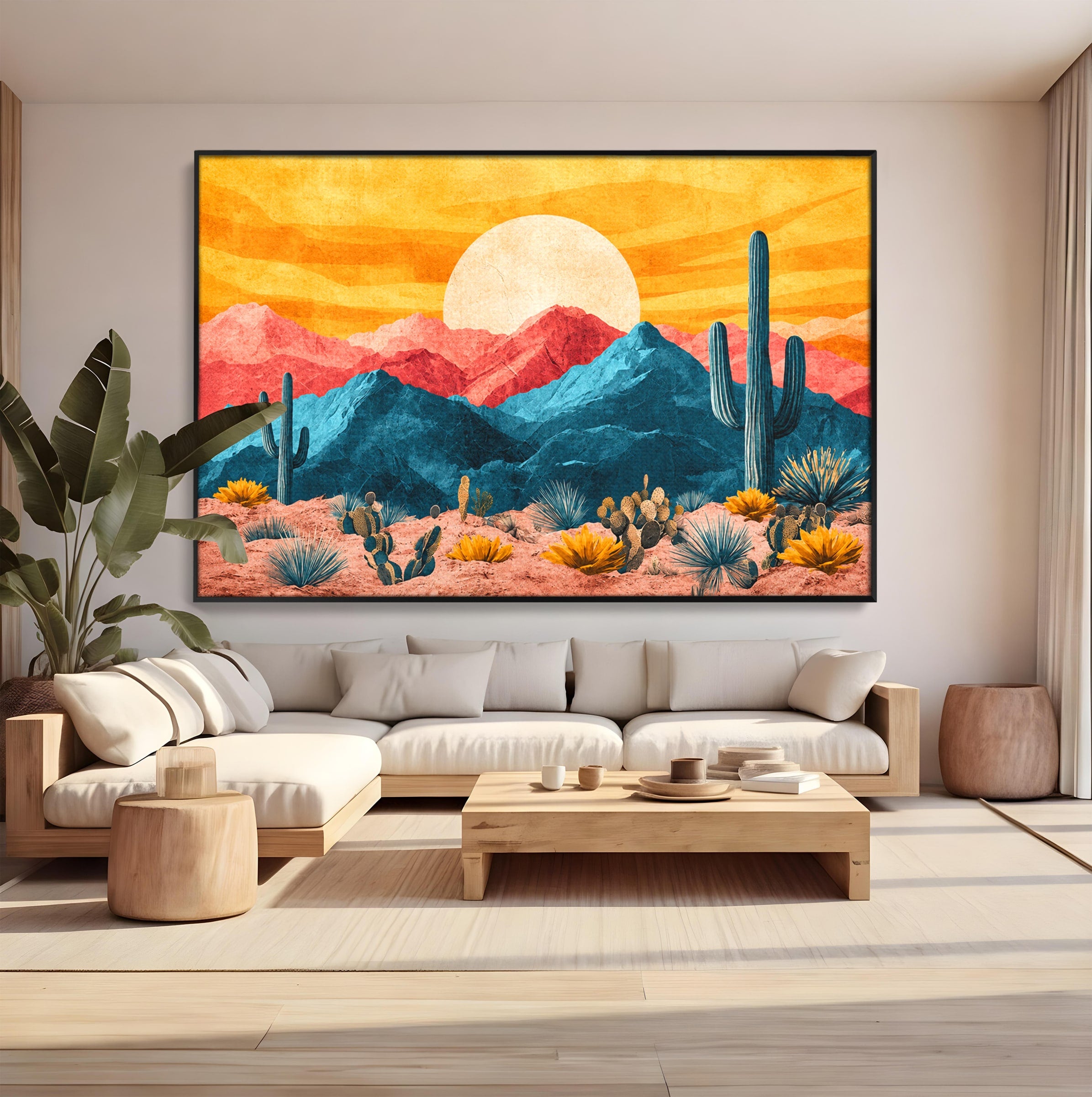 Tablou Canvas Premium LuxCanva® A1723, Desertul La Apus, Desert, Apus, Cactusi, Peisaj, Living, Culori Vibrante