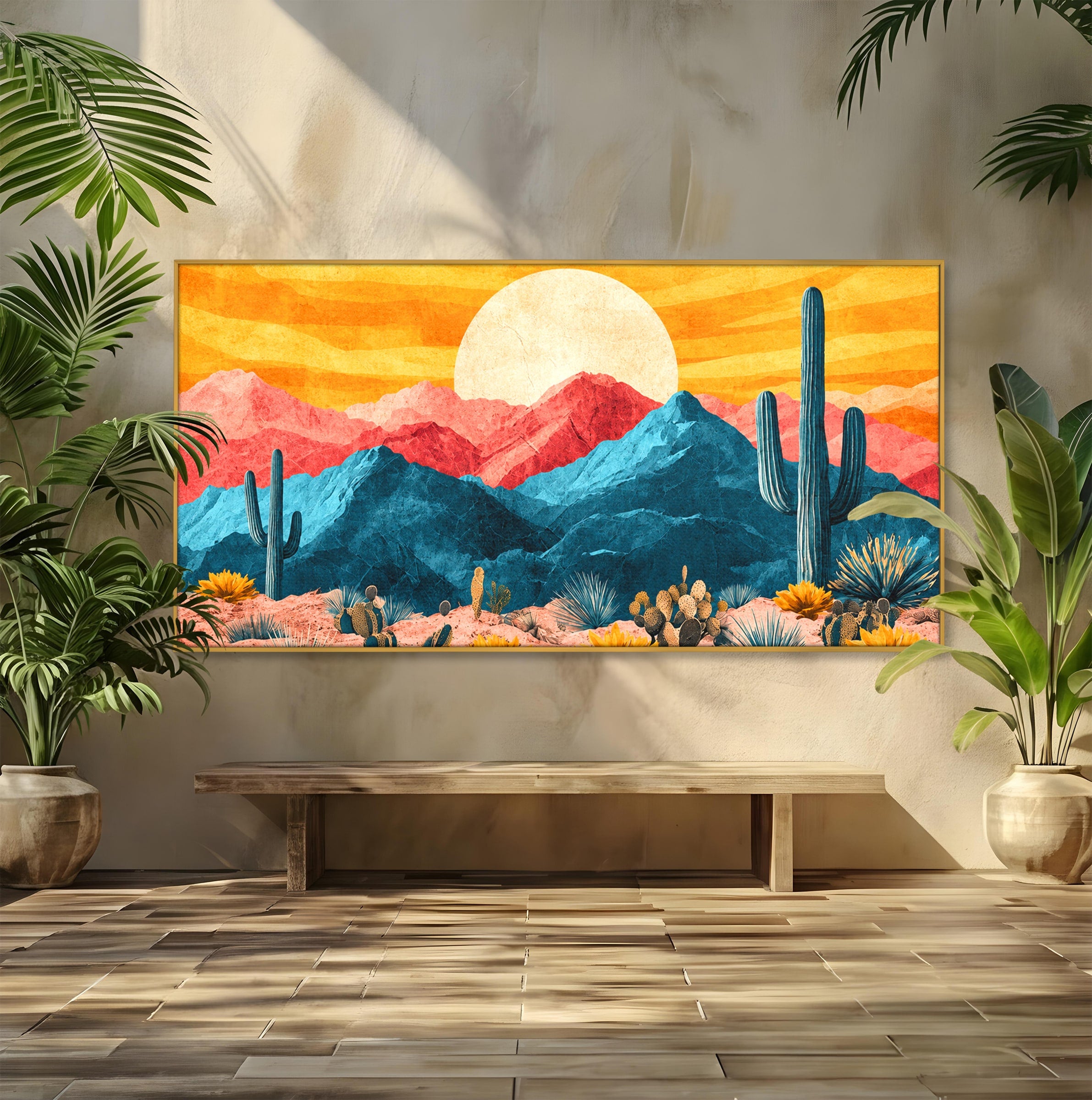 Tablou Canvas Premium LuxCanva® A1723, Desertul La Apus, Desert, Apus, Cactusi, Peisaj, Living, Culori Vibrante