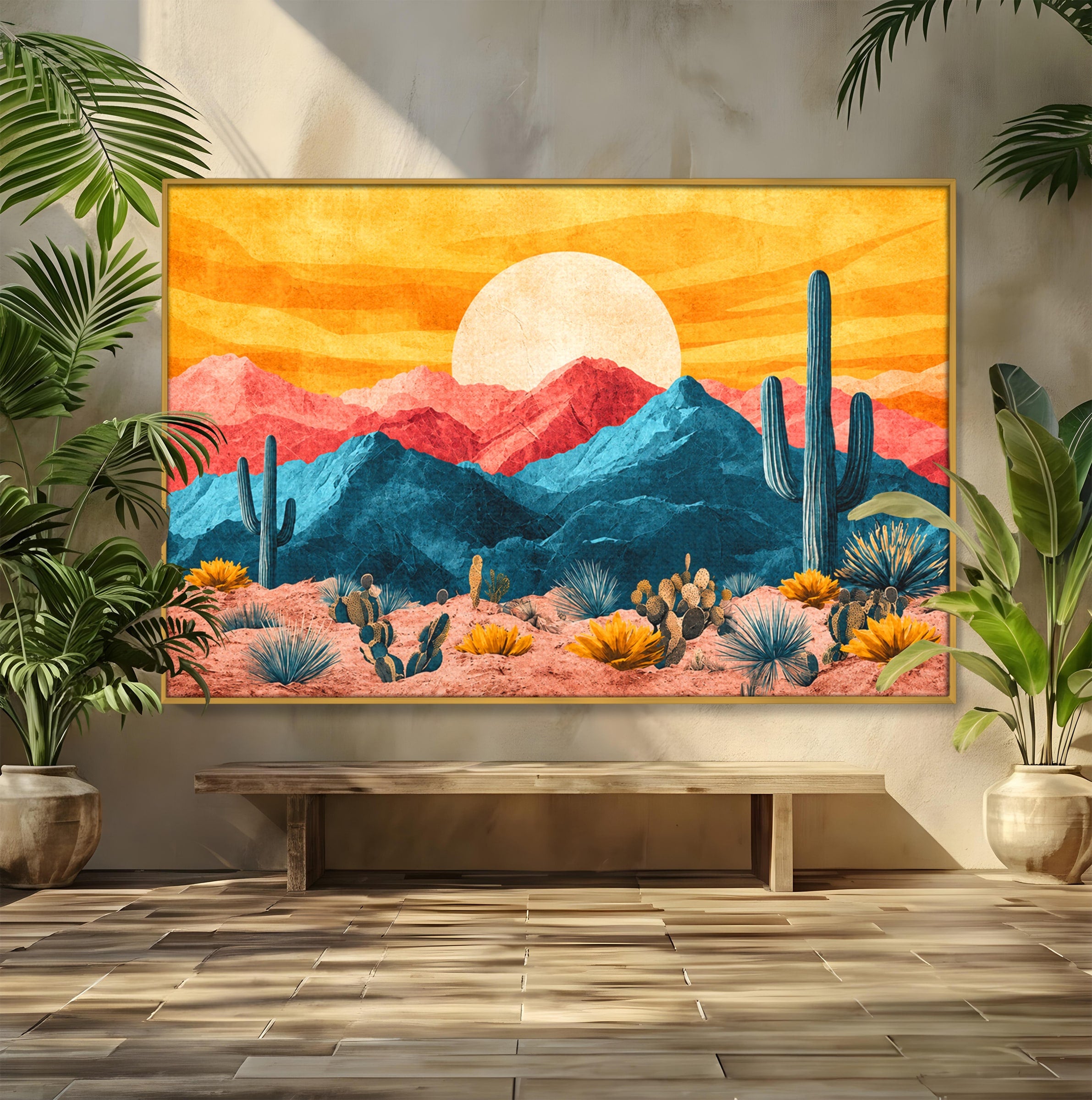 Tablou Canvas Premium LuxCanva® A1723, Desertul La Apus, Desert, Apus, Cactusi, Peisaj, Living, Culori Vibrante