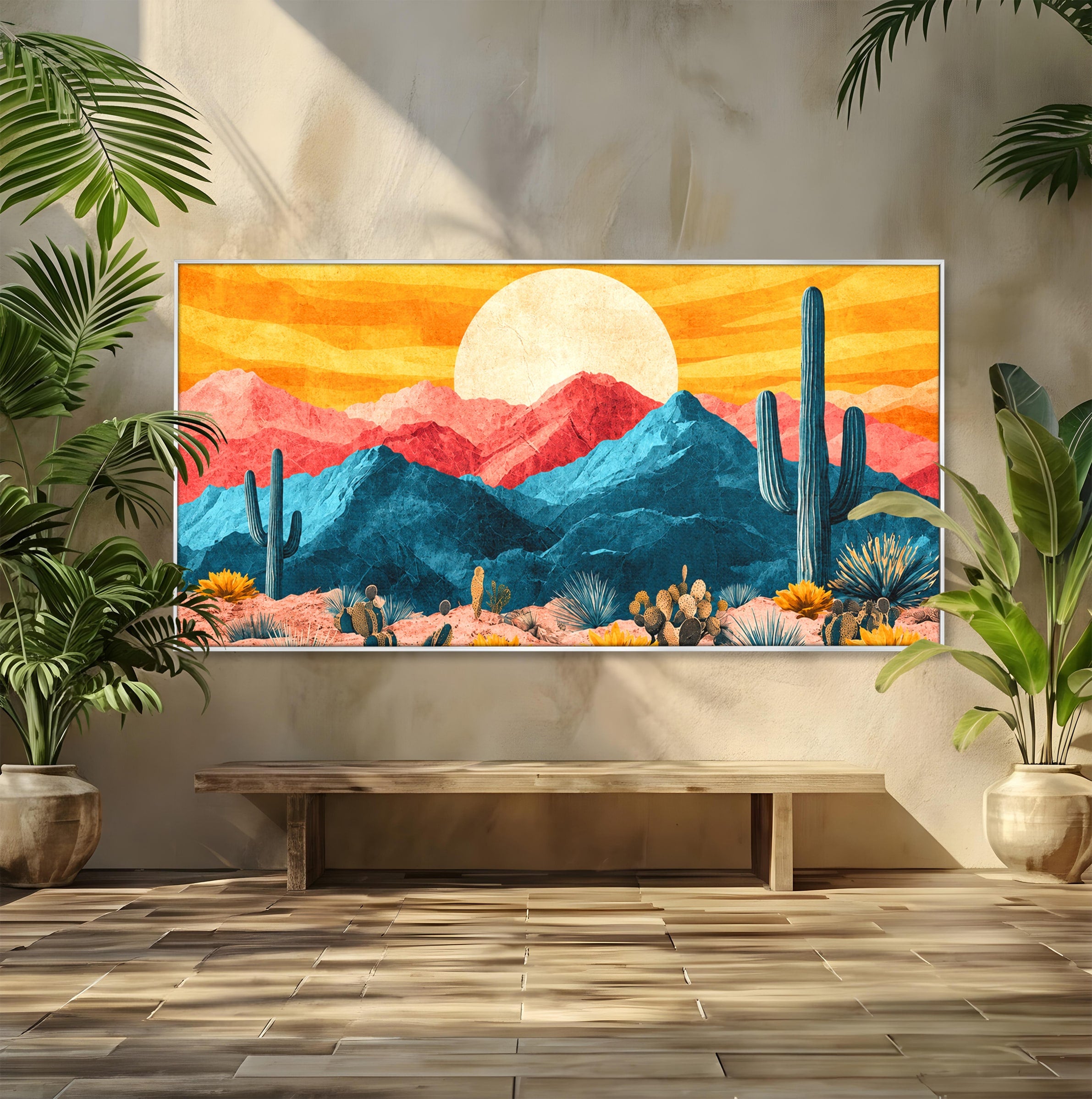 Tablou Canvas Premium LuxCanva® A1723, Desertul La Apus, Desert, Apus, Cactusi, Peisaj, Living, Culori Vibrante