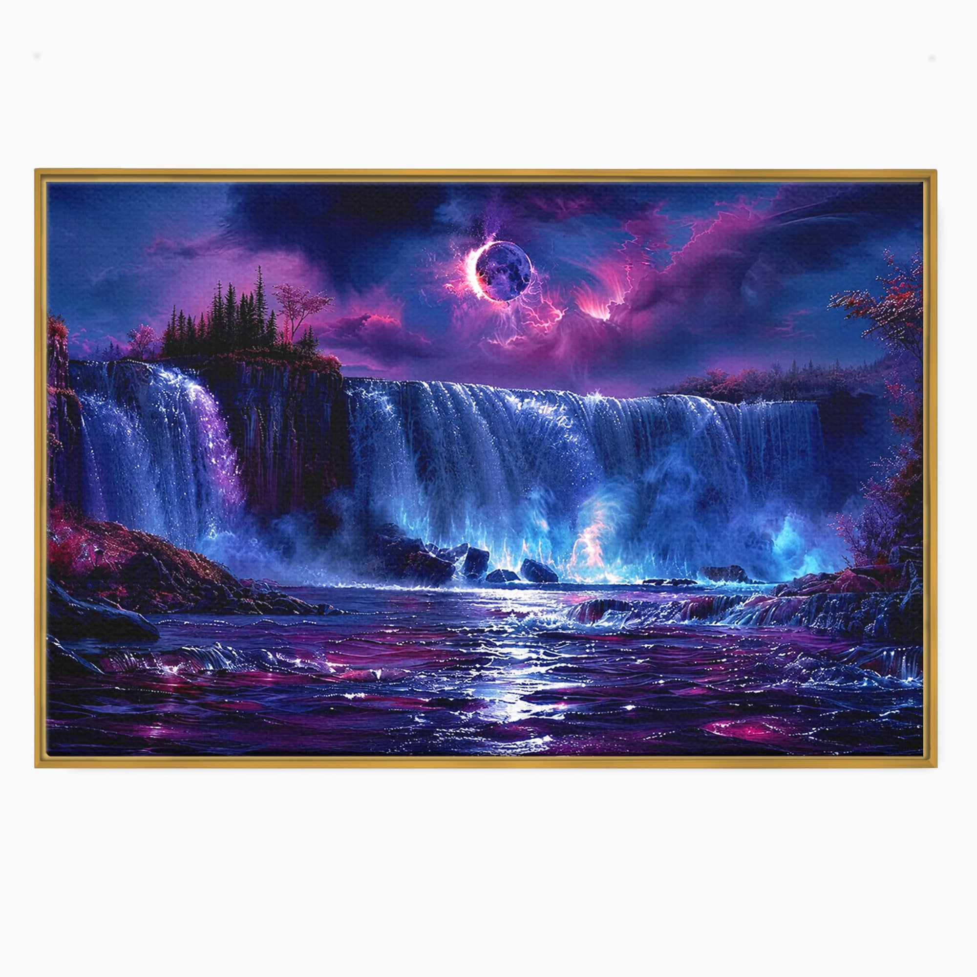 Tablou Canvas Premium LuxCanva® A1725, Cascada Sub Luna, Cascada, Peisaj, Noapte, Fantezie, Living, Culori Vibrante