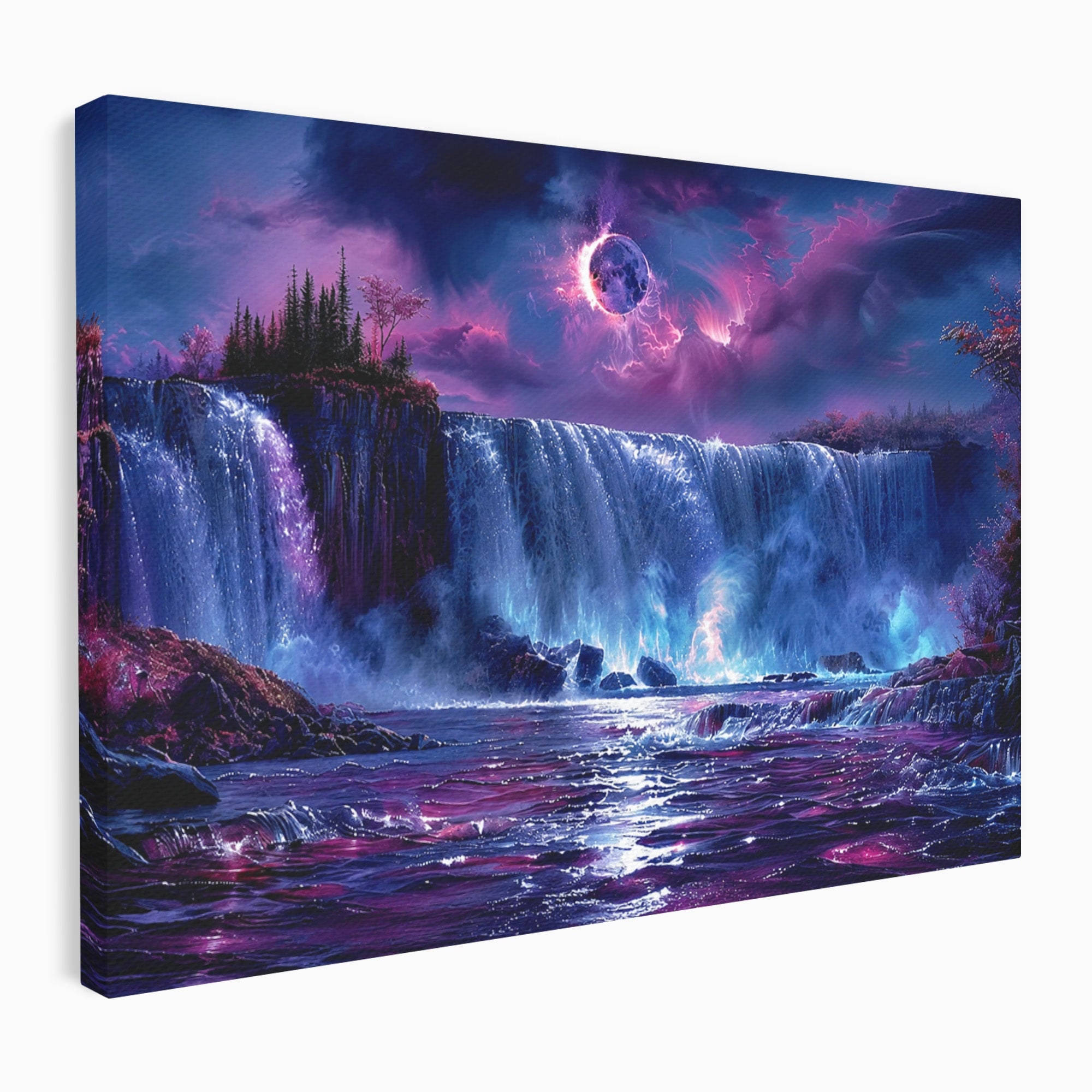 Tablou Canvas Premium LuxCanva® A1725, Cascada Sub Luna, Cascada, Peisaj, Noapte, Fantezie, Living, Culori Vibrante