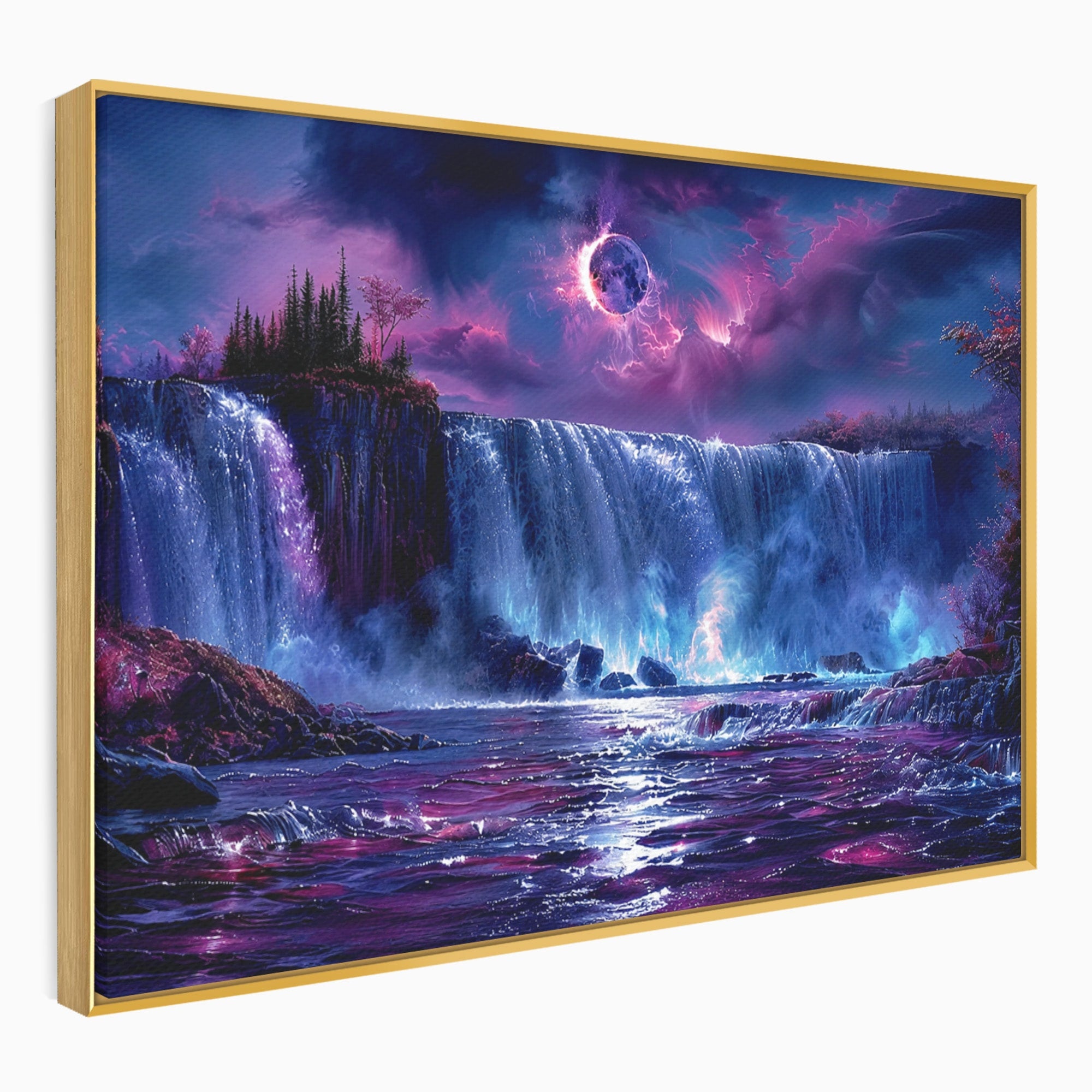 Tablou Canvas Premium LuxCanva® A1725, Cascada Sub Luna, Cascada, Peisaj, Noapte, Fantezie, Living, Culori Vibrante