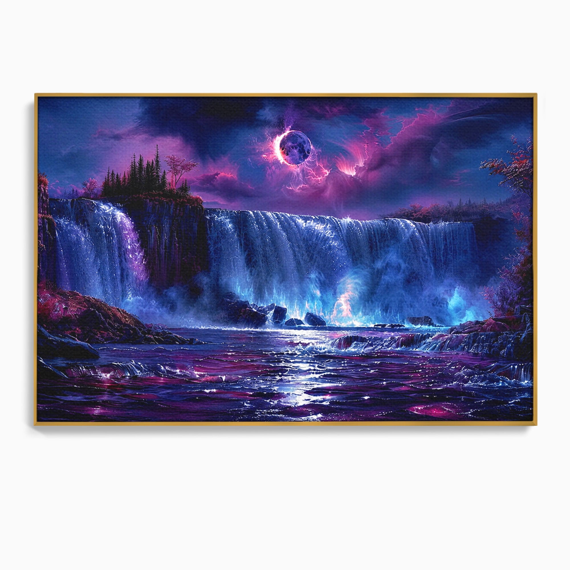 Tablou Canvas Premium LuxCanva® A1725, Cascada Sub Luna, Cascada, Peisaj, Noapte, Fantezie, Living, Culori Vibrante