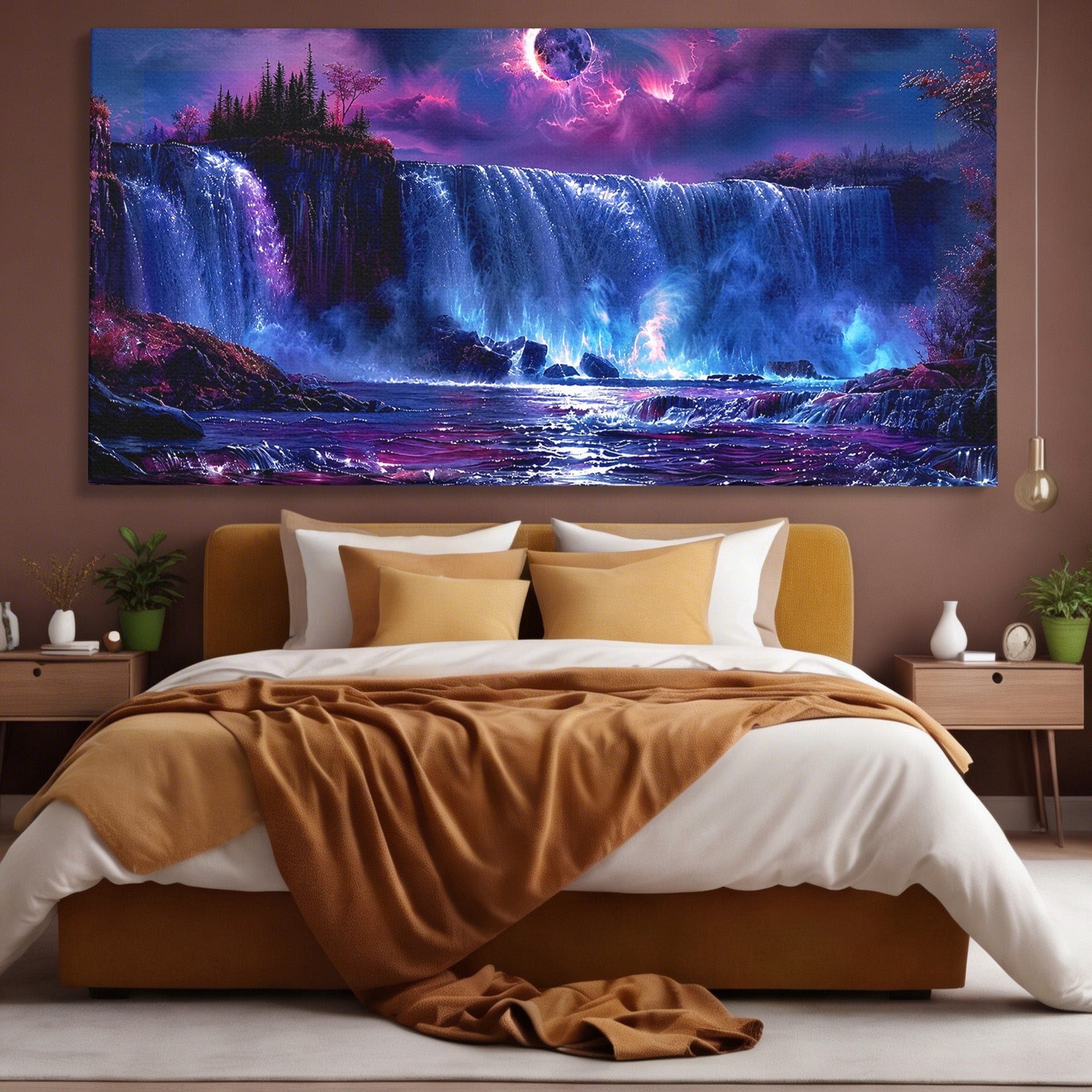 Tablou Canvas Premium LuxCanva® A1725, Cascada Sub Luna, Cascada, Peisaj, Noapte, Fantezie, Living, Culori Vibrante