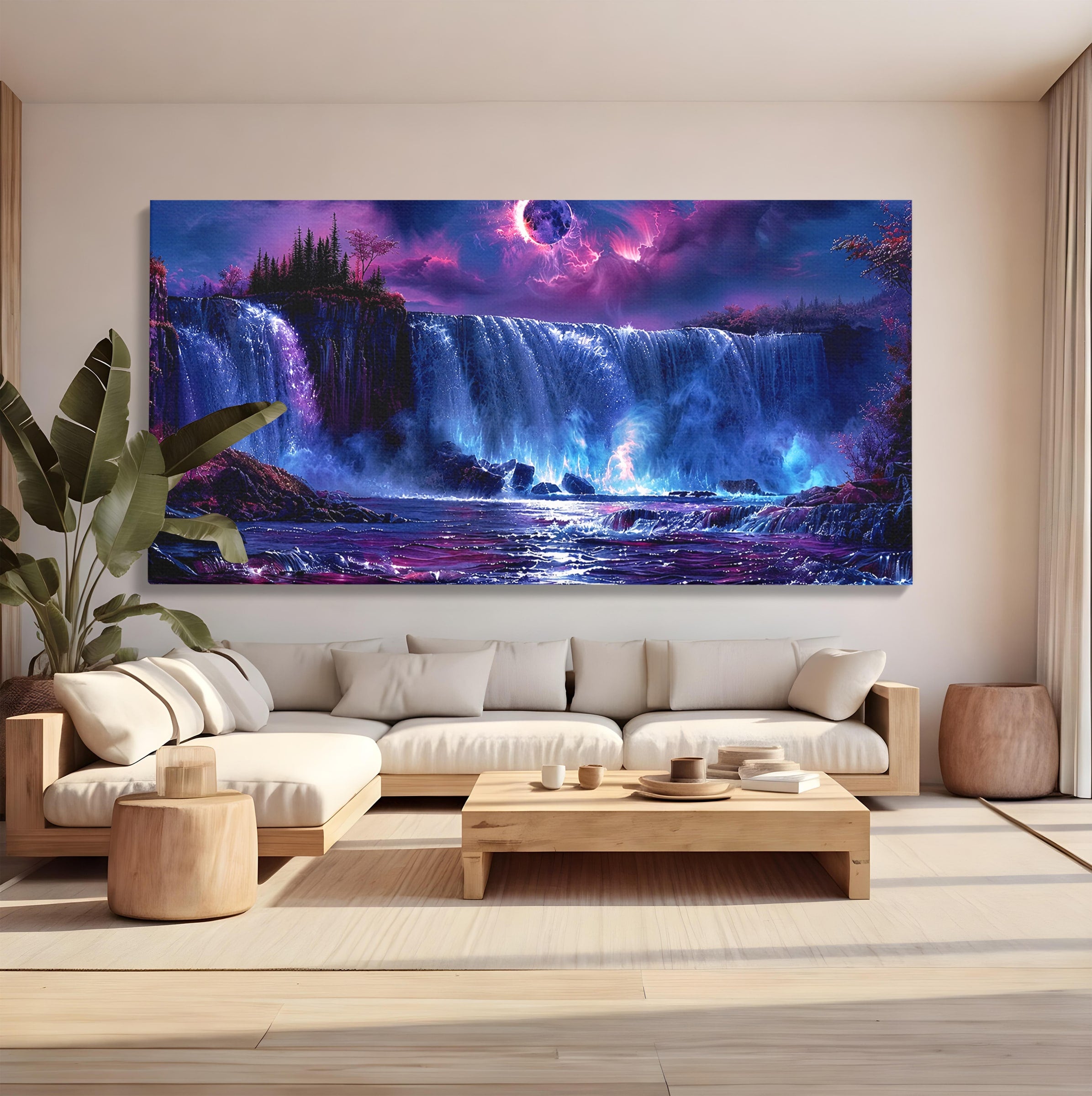 Tablou Canvas Premium LuxCanva® A1725, Cascada Sub Luna, Cascada, Peisaj, Noapte, Fantezie, Living, Culori Vibrante