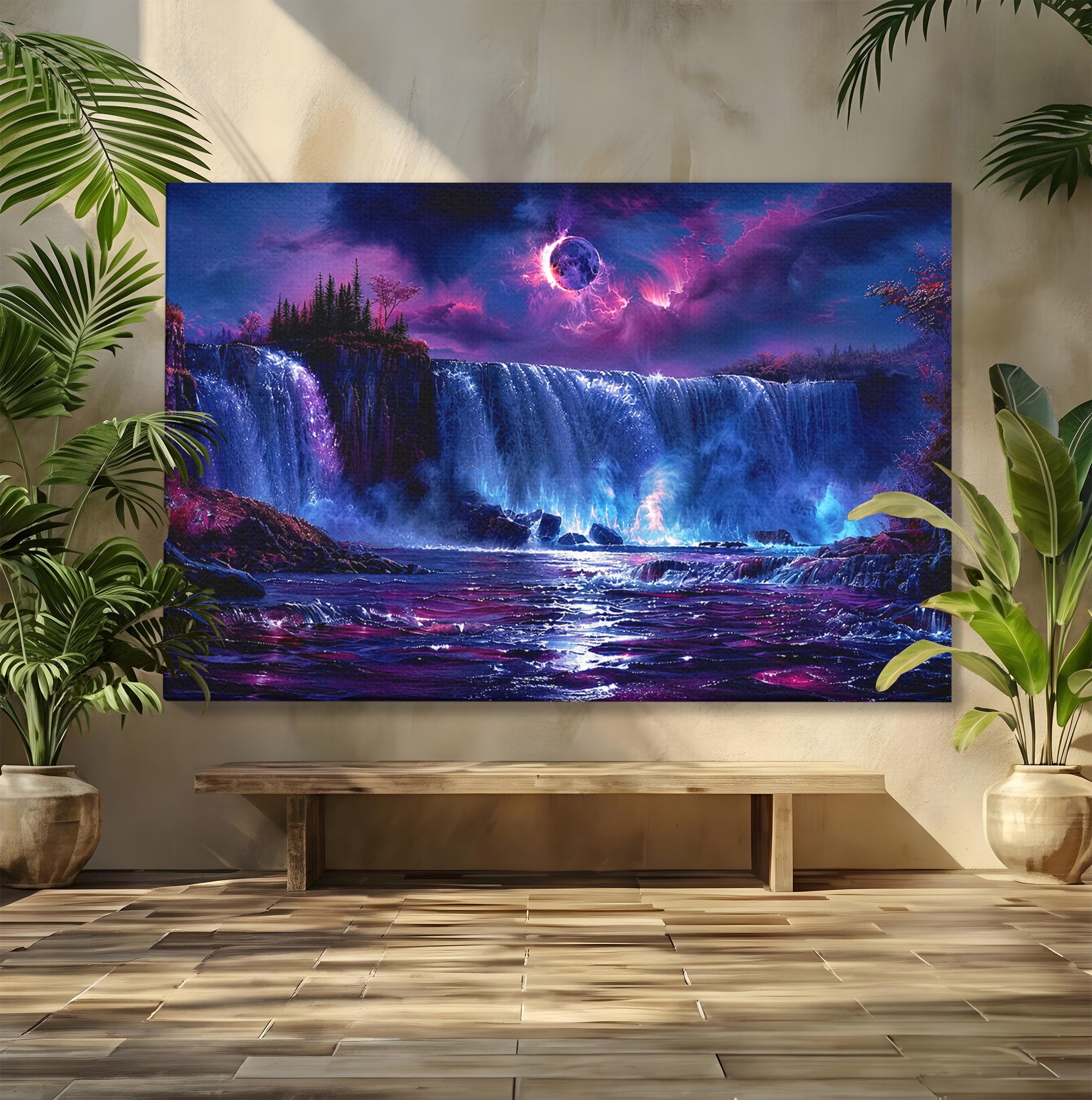 Tablou Canvas Premium LuxCanva® A1725, Cascada Sub Luna, Cascada, Peisaj, Noapte, Fantezie, Living, Culori Vibrante