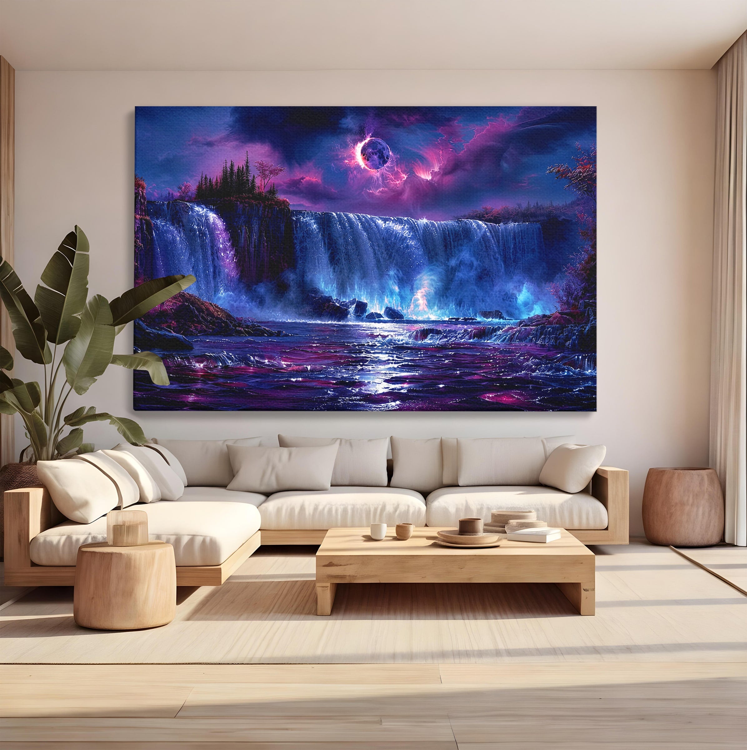 Tablou Canvas Premium LuxCanva® A1725, Cascada Sub Luna, Cascada, Peisaj, Noapte, Fantezie, Living, Culori Vibrante