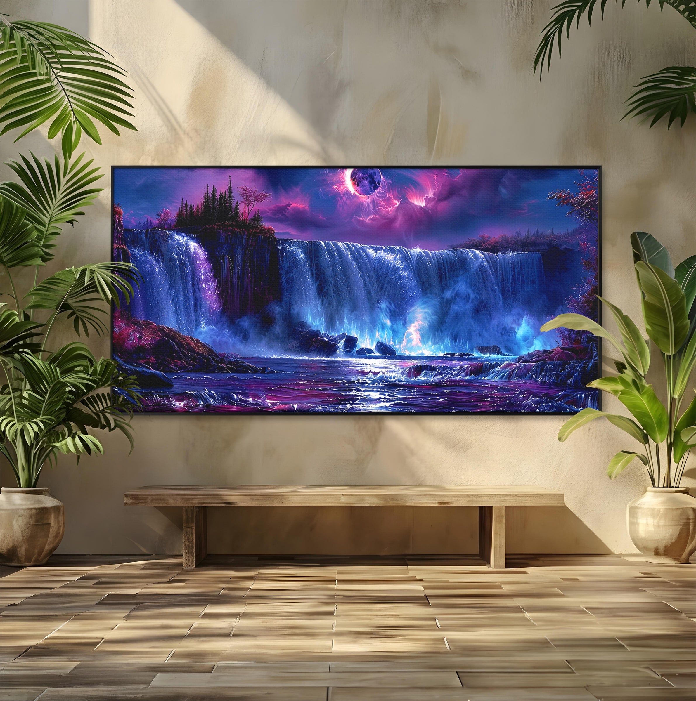 Tablou Canvas Premium LuxCanva® A1725, Cascada Sub Luna, Cascada, Peisaj, Noapte, Fantezie, Living, Culori Vibrante