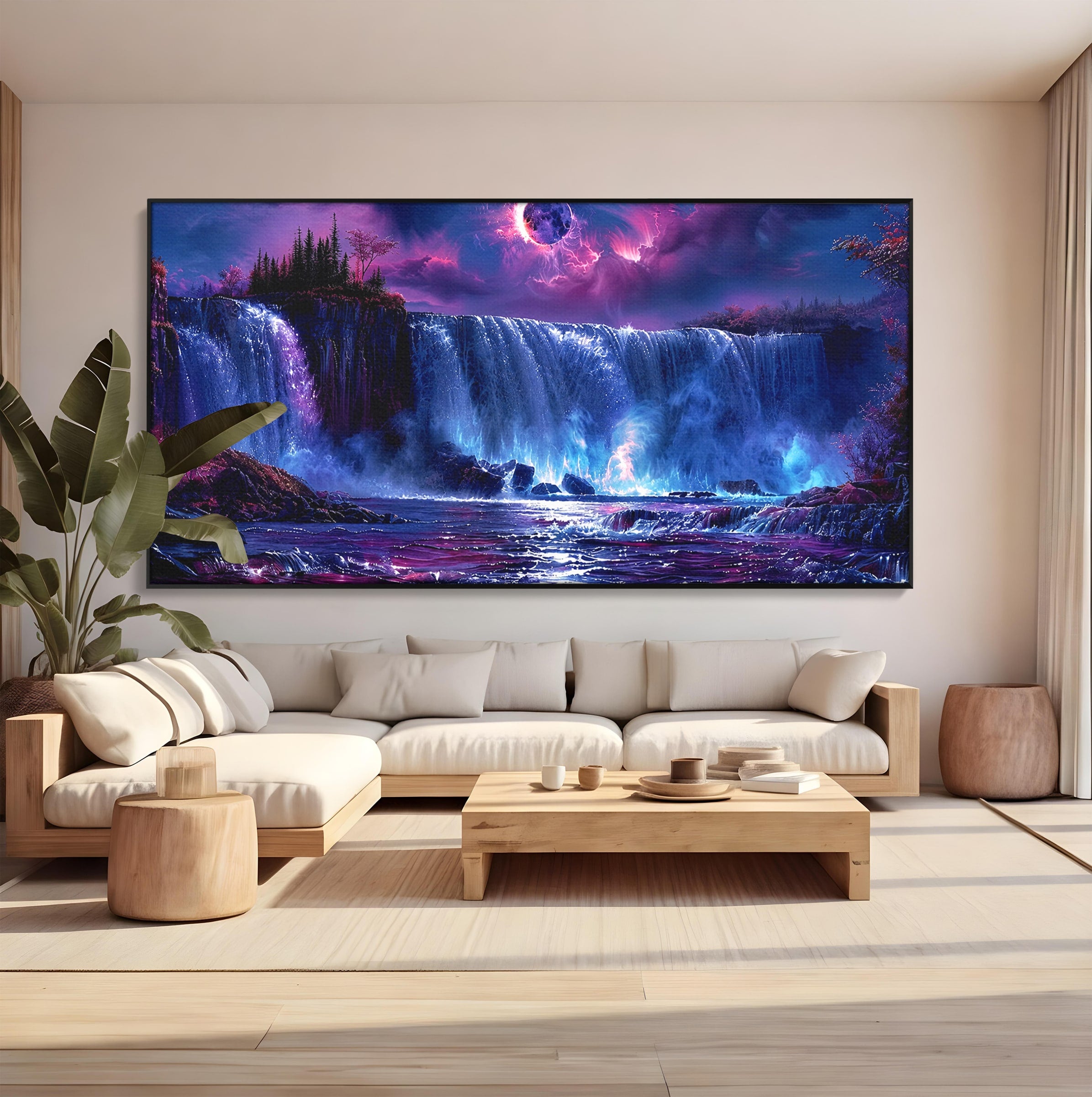 Tablou Canvas Premium LuxCanva® A1725, Cascada Sub Luna, Cascada, Peisaj, Noapte, Fantezie, Living, Culori Vibrante