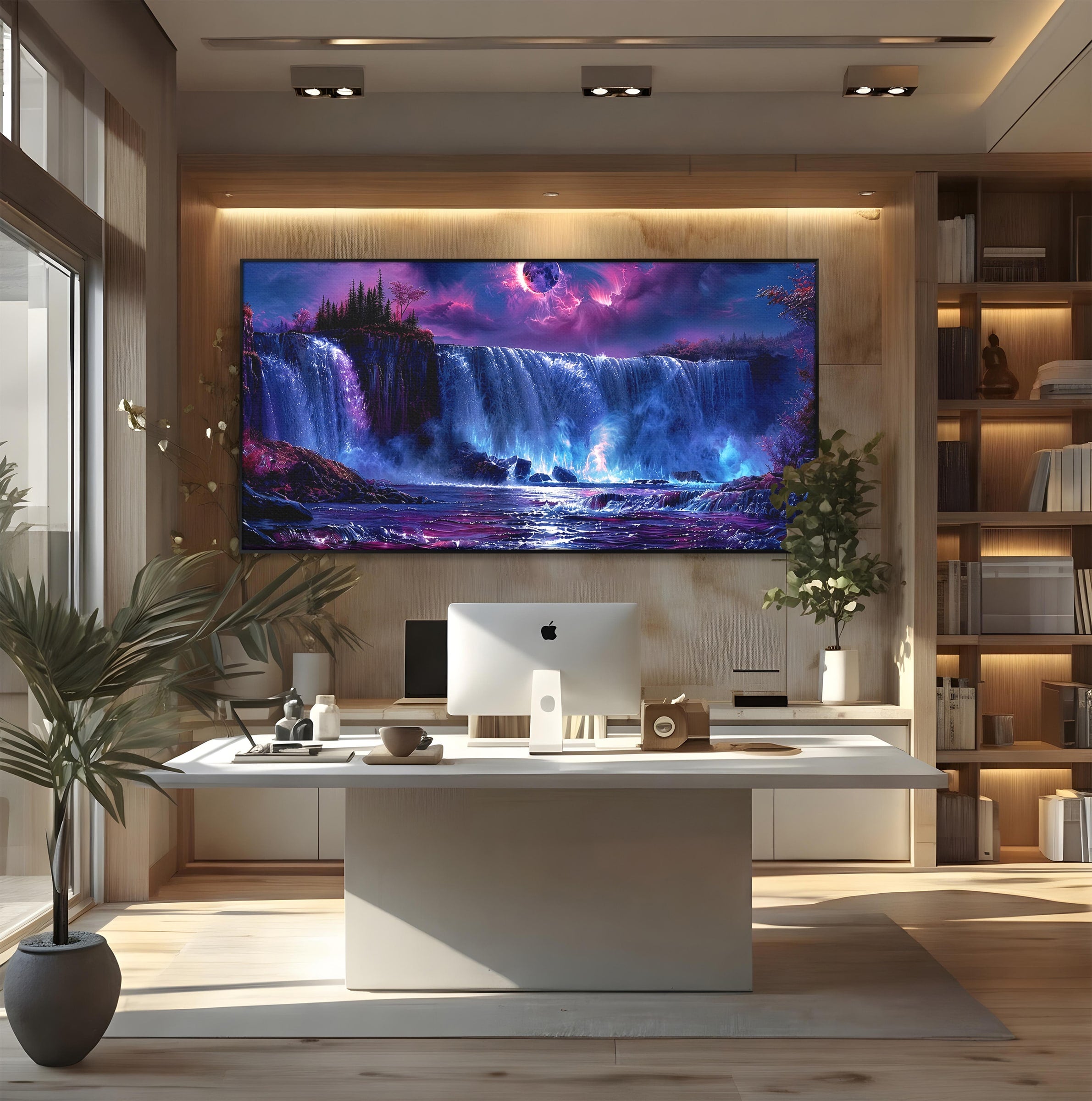 Tablou Canvas Premium LuxCanva® A1725, Cascada Sub Luna, Cascada, Peisaj, Noapte, Fantezie, Living, Culori Vibrante
