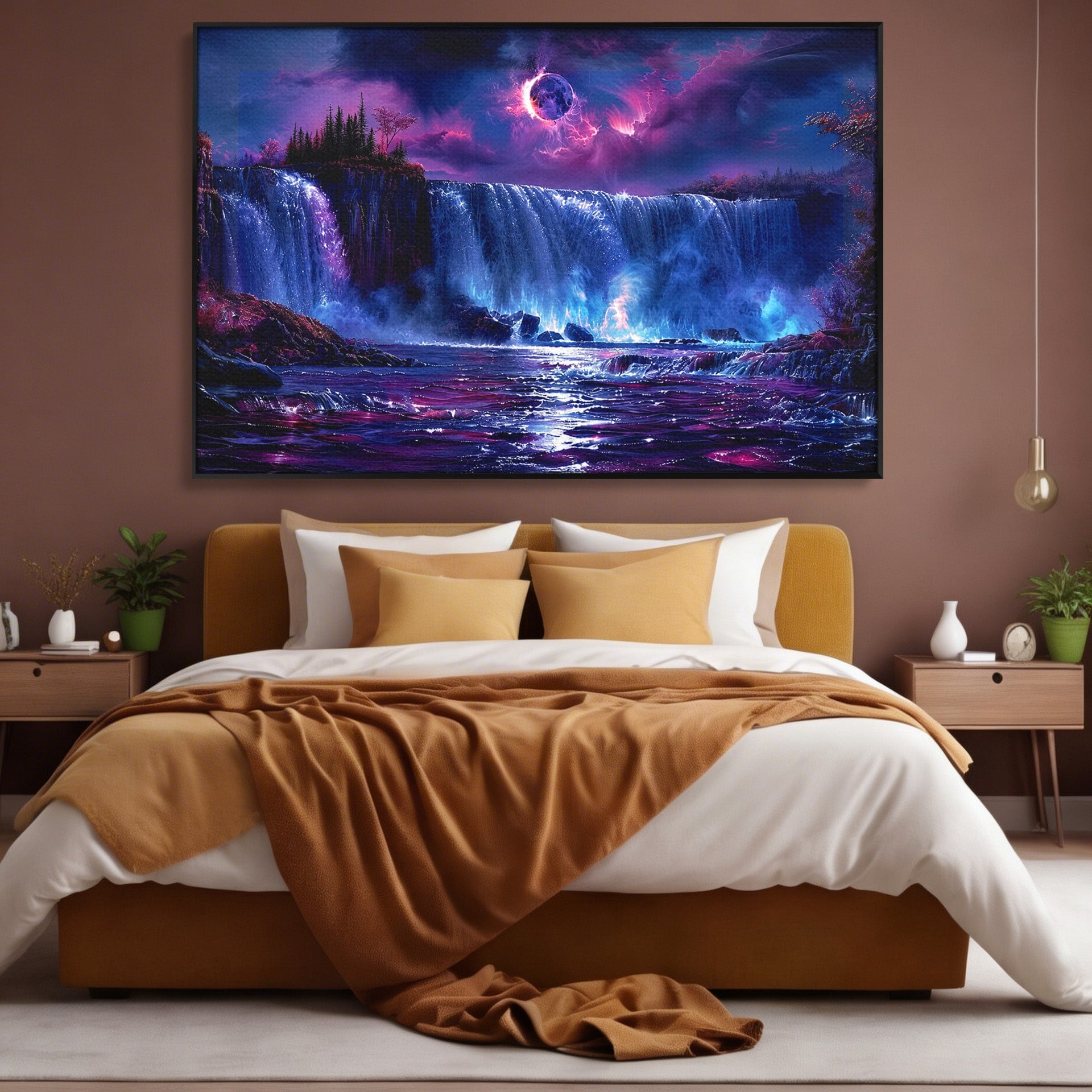 Tablou Canvas Premium LuxCanva® A1725, Cascada Sub Luna, Cascada, Peisaj, Noapte, Fantezie, Living, Culori Vibrante
