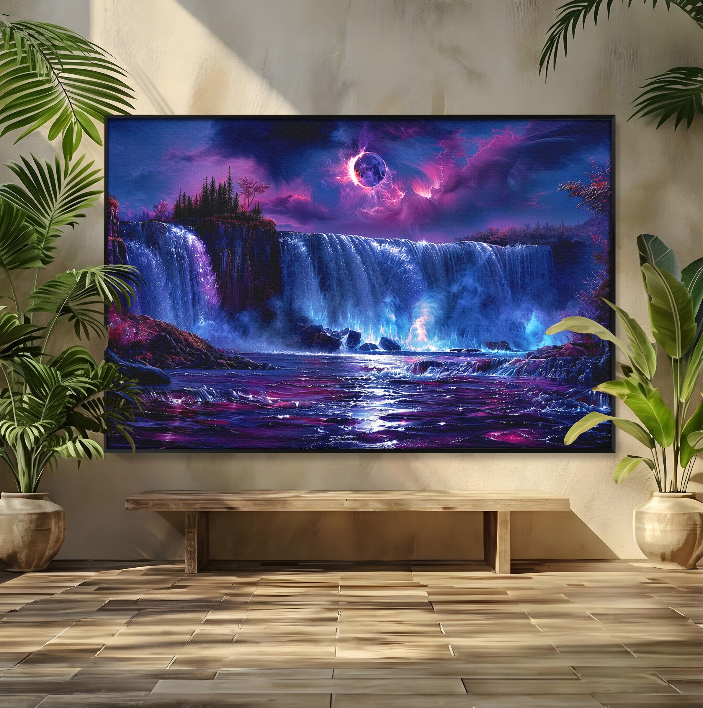 Tablou Canvas Premium LuxCanva® A1725, Cascada Sub Luna, Cascada, Peisaj, Noapte, Fantezie, Living, Culori Vibrante