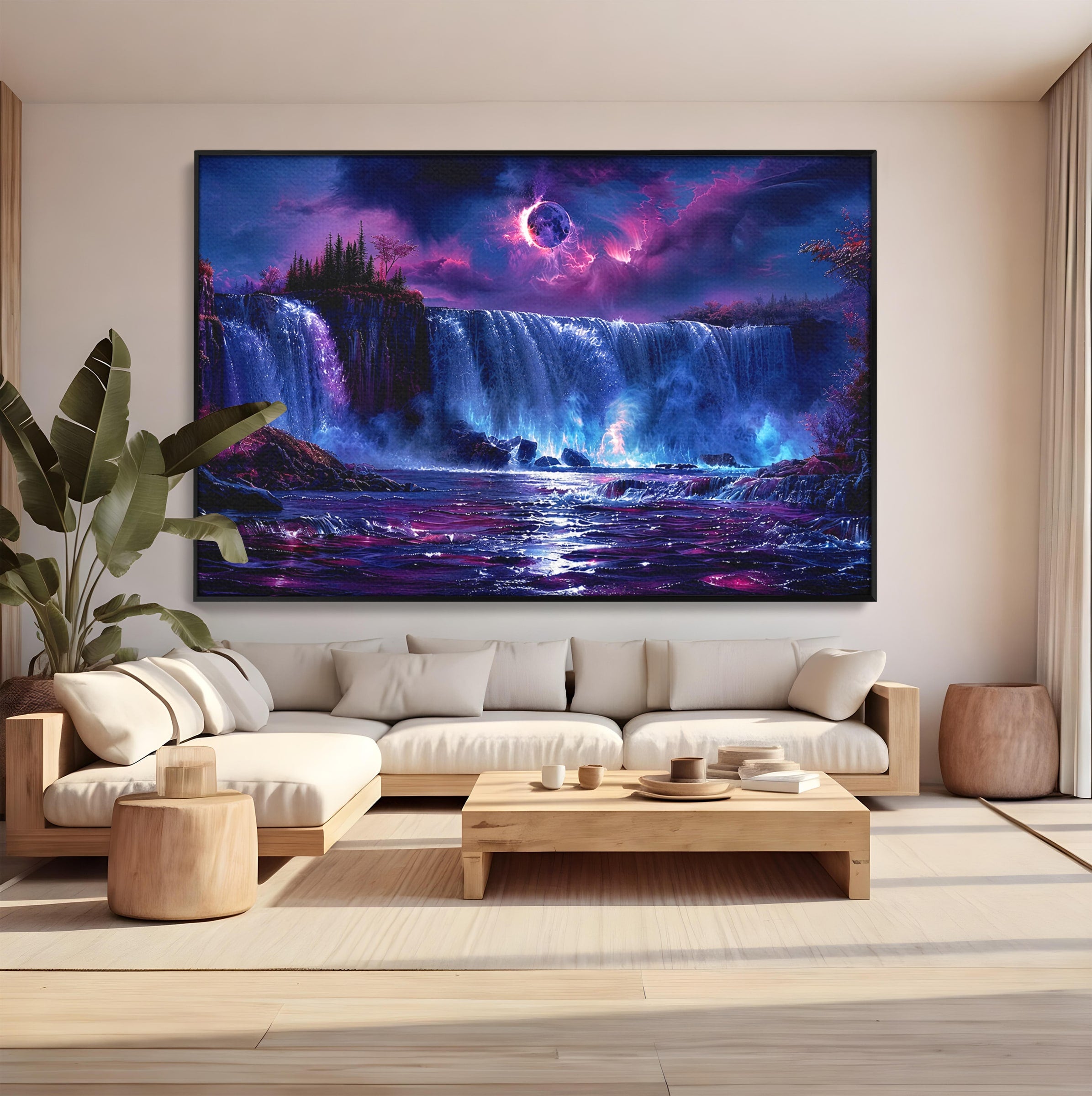 Tablou Canvas Premium LuxCanva® A1725, Cascada Sub Luna, Cascada, Peisaj, Noapte, Fantezie, Living, Culori Vibrante