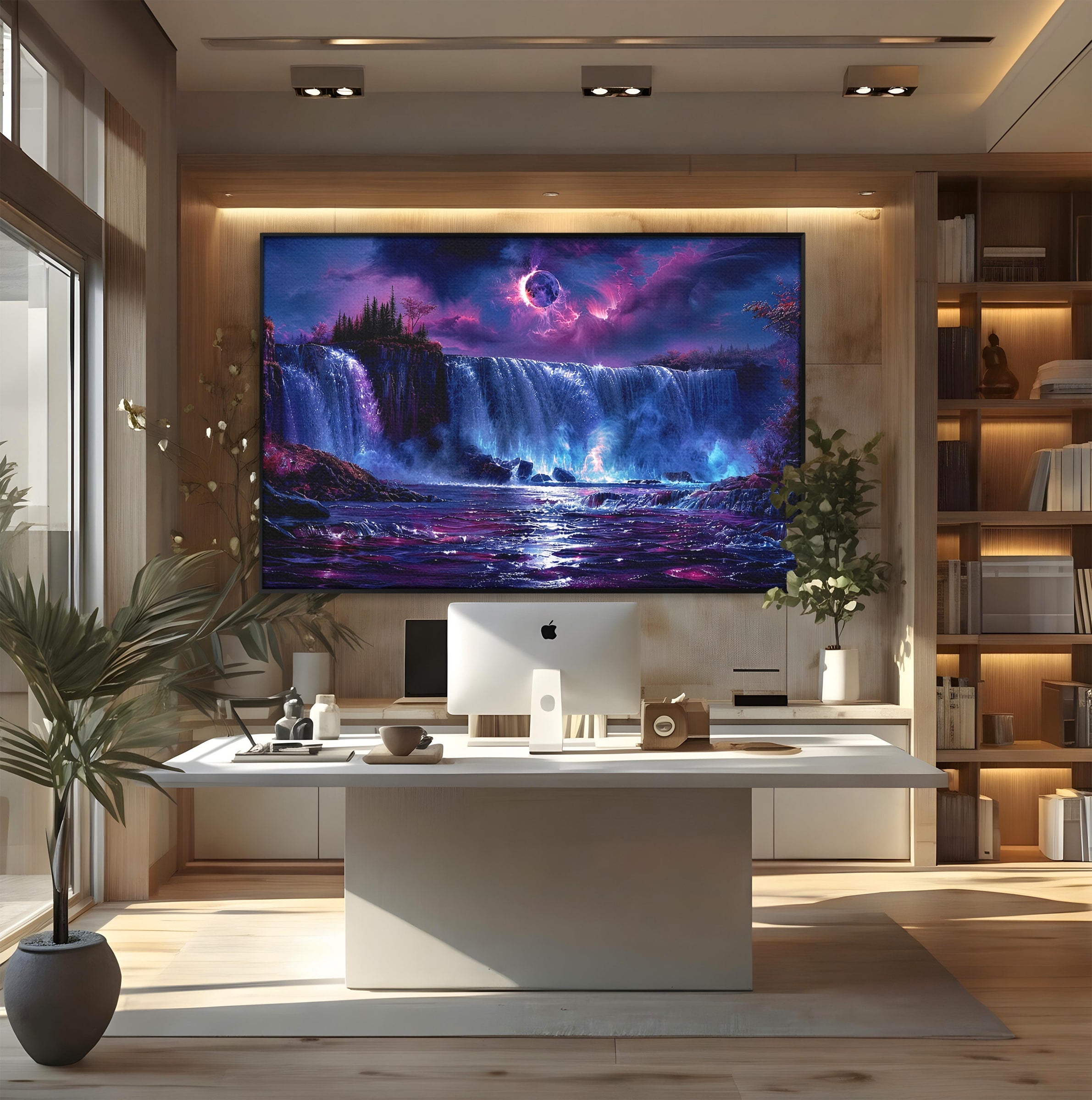 Tablou Canvas Premium LuxCanva® A1725, Cascada Sub Luna, Cascada, Peisaj, Noapte, Fantezie, Living, Culori Vibrante