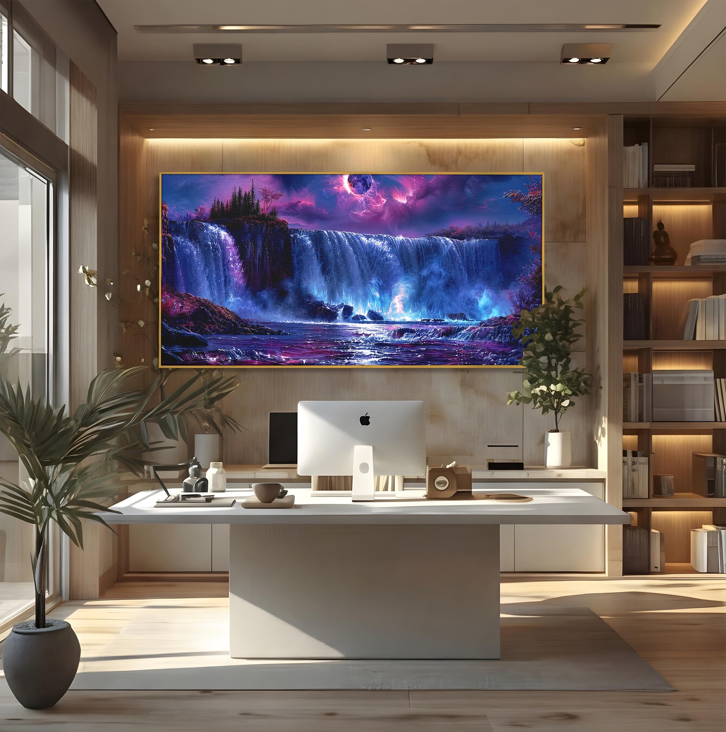Tablou Canvas Premium LuxCanva® A1725, Cascada Sub Luna, Cascada, Peisaj, Noapte, Fantezie, Living, Culori Vibrante