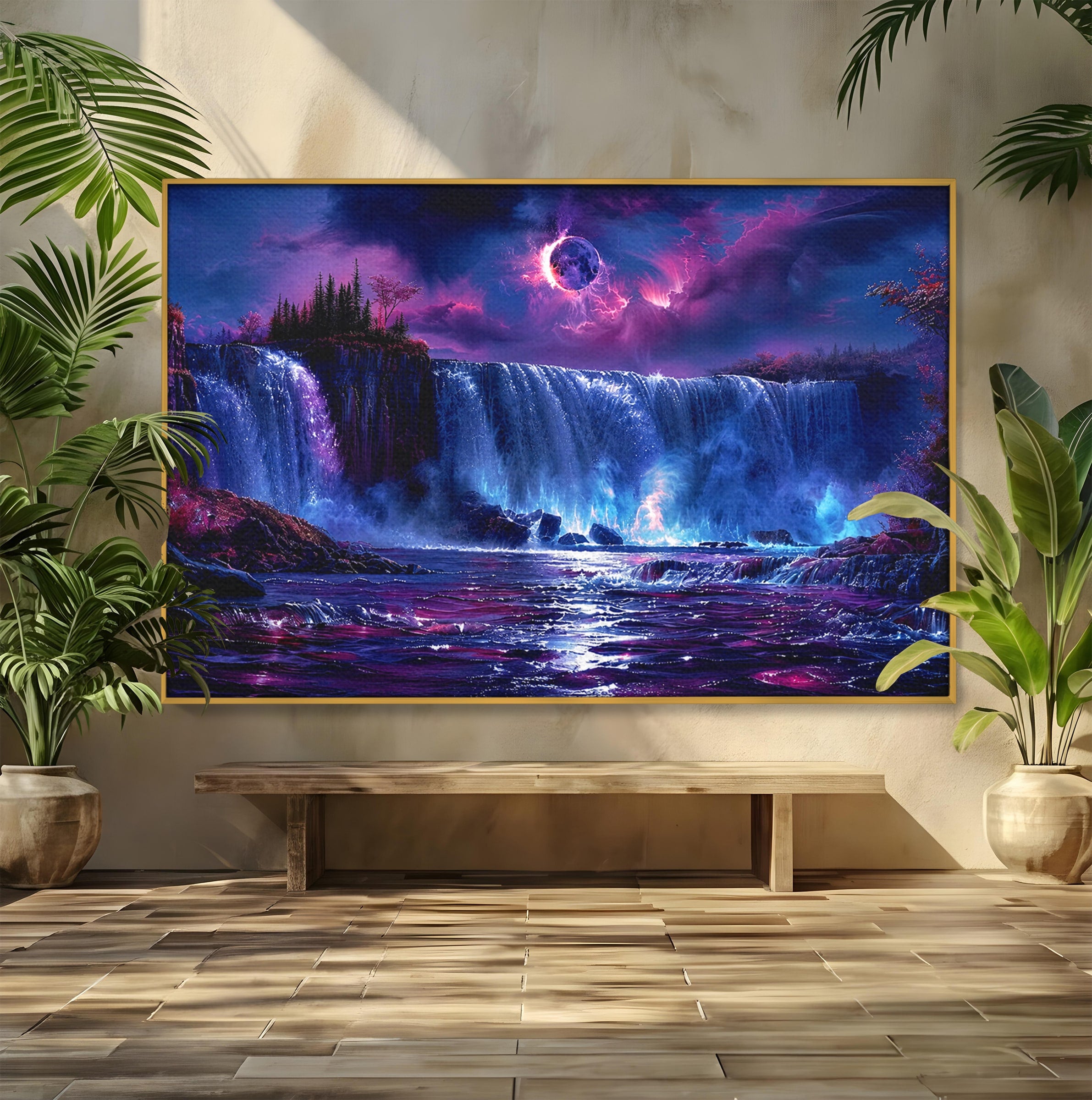 Tablou Canvas Premium LuxCanva® A1725, Cascada Sub Luna, Cascada, Peisaj, Noapte, Fantezie, Living, Culori Vibrante