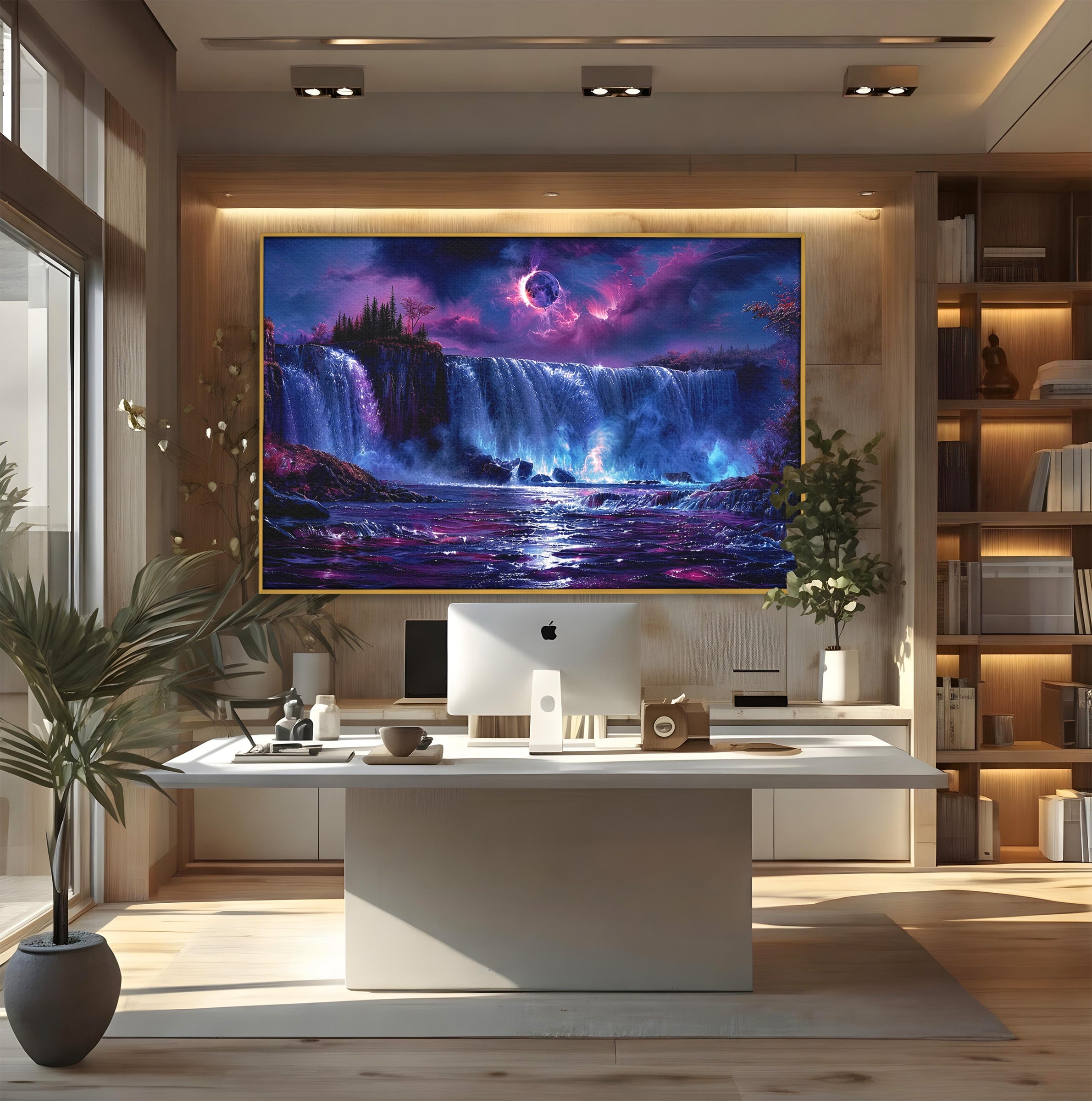 Tablou Canvas Premium LuxCanva® A1725, Cascada Sub Luna, Cascada, Peisaj, Noapte, Fantezie, Living, Culori Vibrante