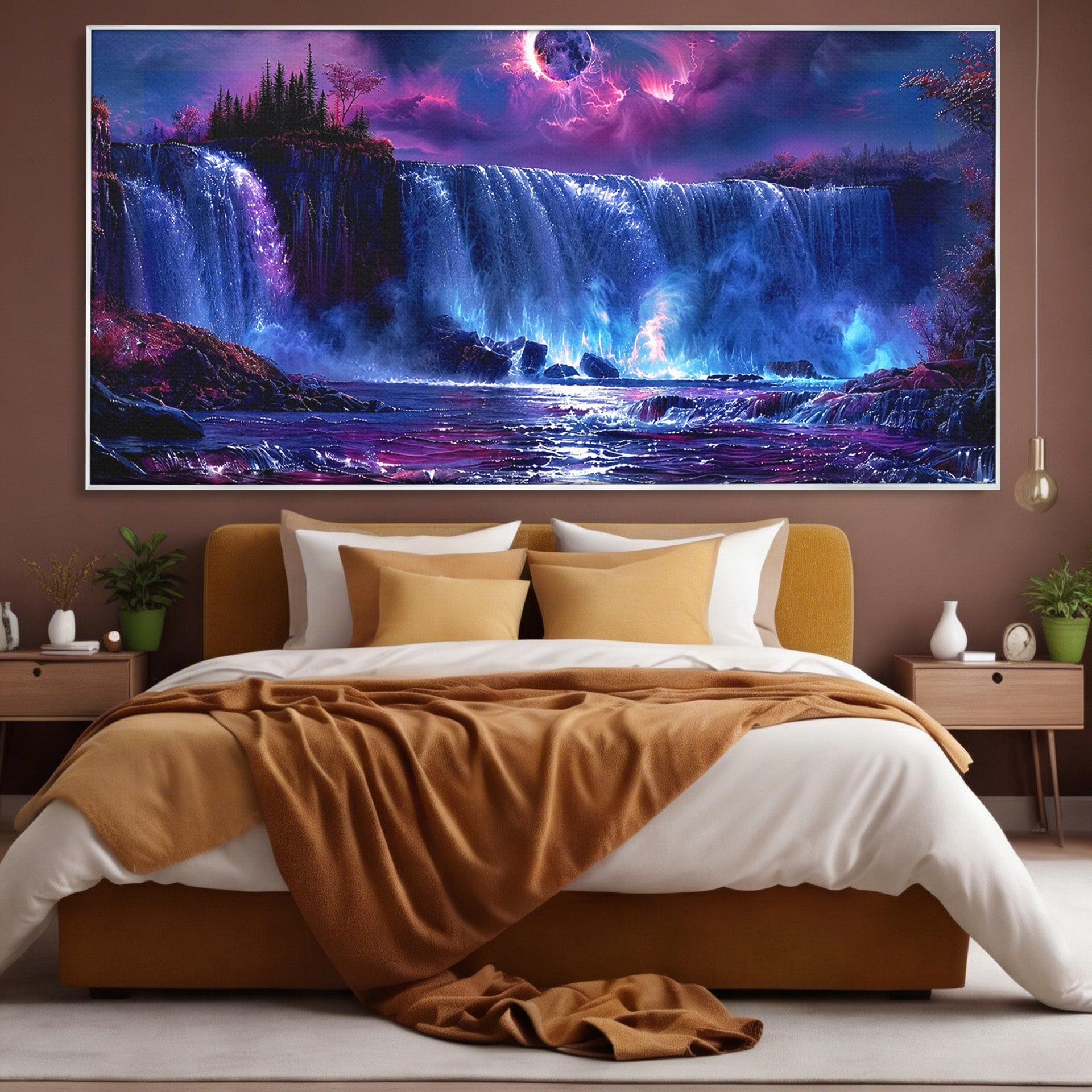Tablou Canvas Premium LuxCanva® A1725, Cascada Sub Luna, Cascada, Peisaj, Noapte, Fantezie, Living, Culori Vibrante