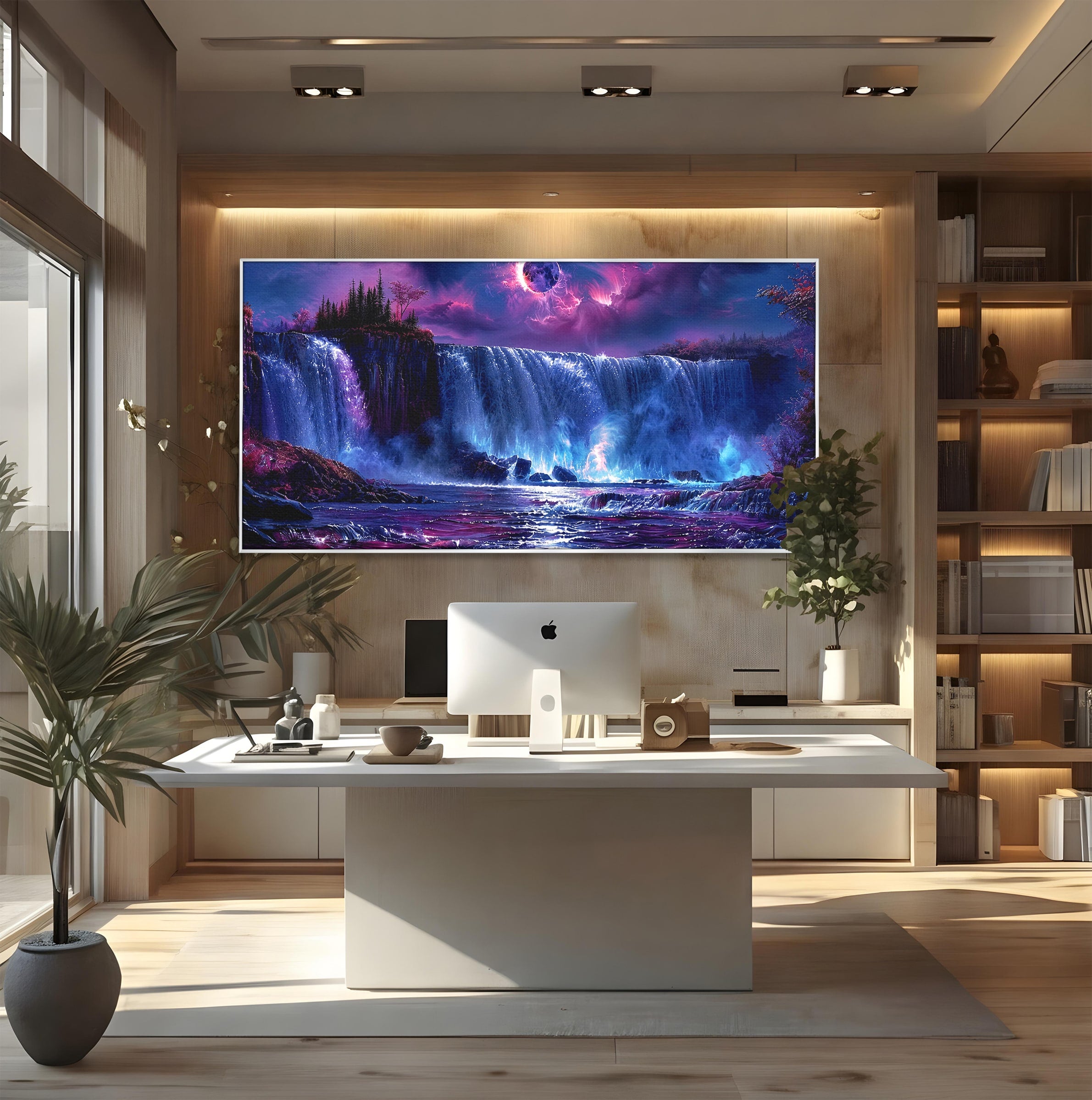 Tablou Canvas Premium LuxCanva® A1725, Cascada Sub Luna, Cascada, Peisaj, Noapte, Fantezie, Living, Culori Vibrante