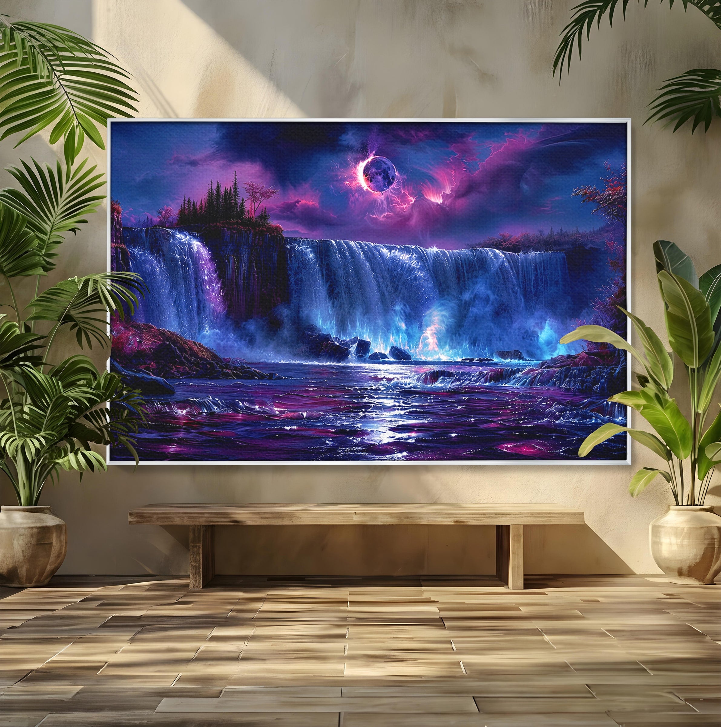 Tablou Canvas Premium LuxCanva® A1725, Cascada Sub Luna, Cascada, Peisaj, Noapte, Fantezie, Living, Culori Vibrante