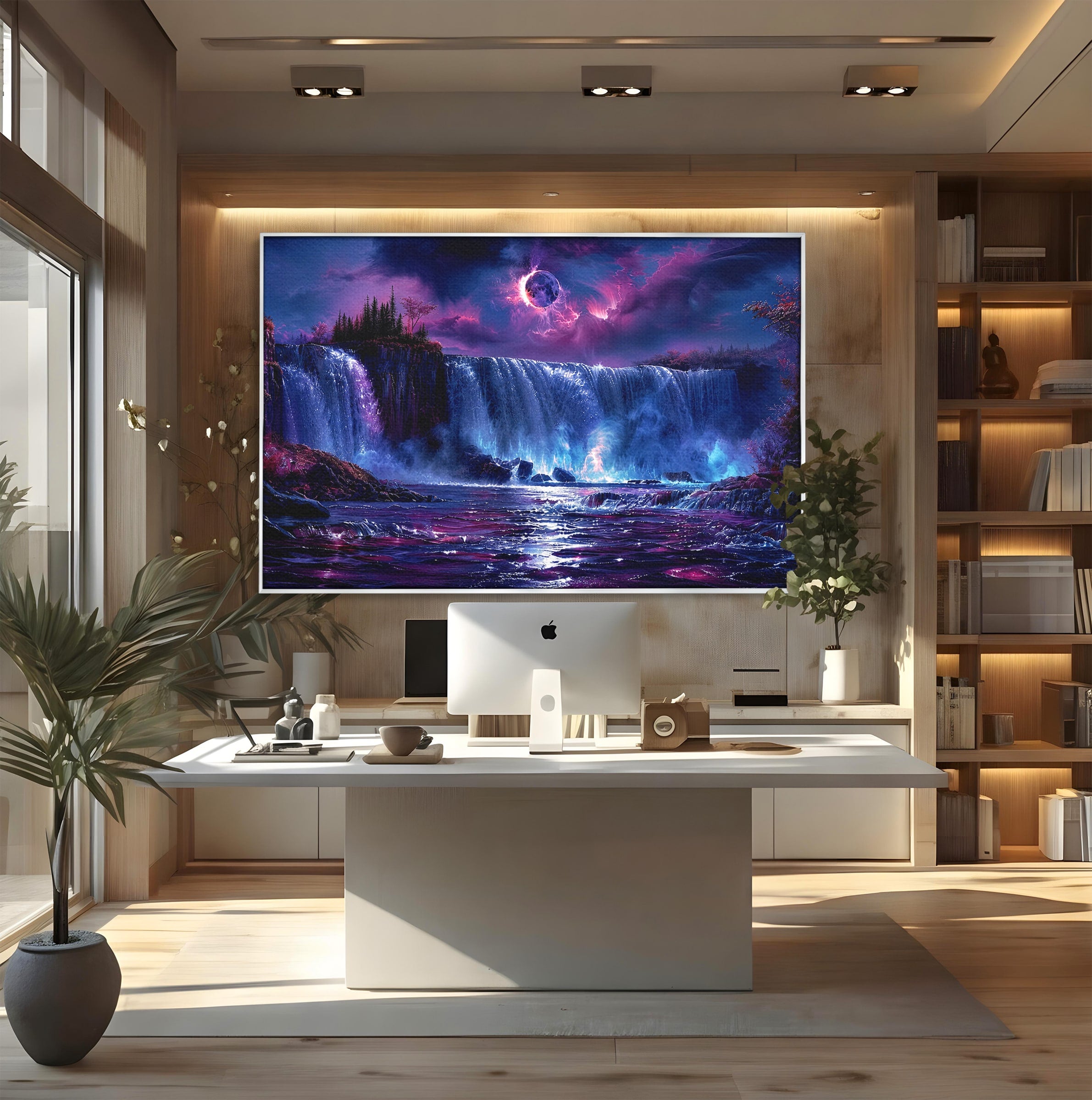 Tablou Canvas Premium LuxCanva® A1725, Cascada Sub Luna, Cascada, Peisaj, Noapte, Fantezie, Living, Culori Vibrante