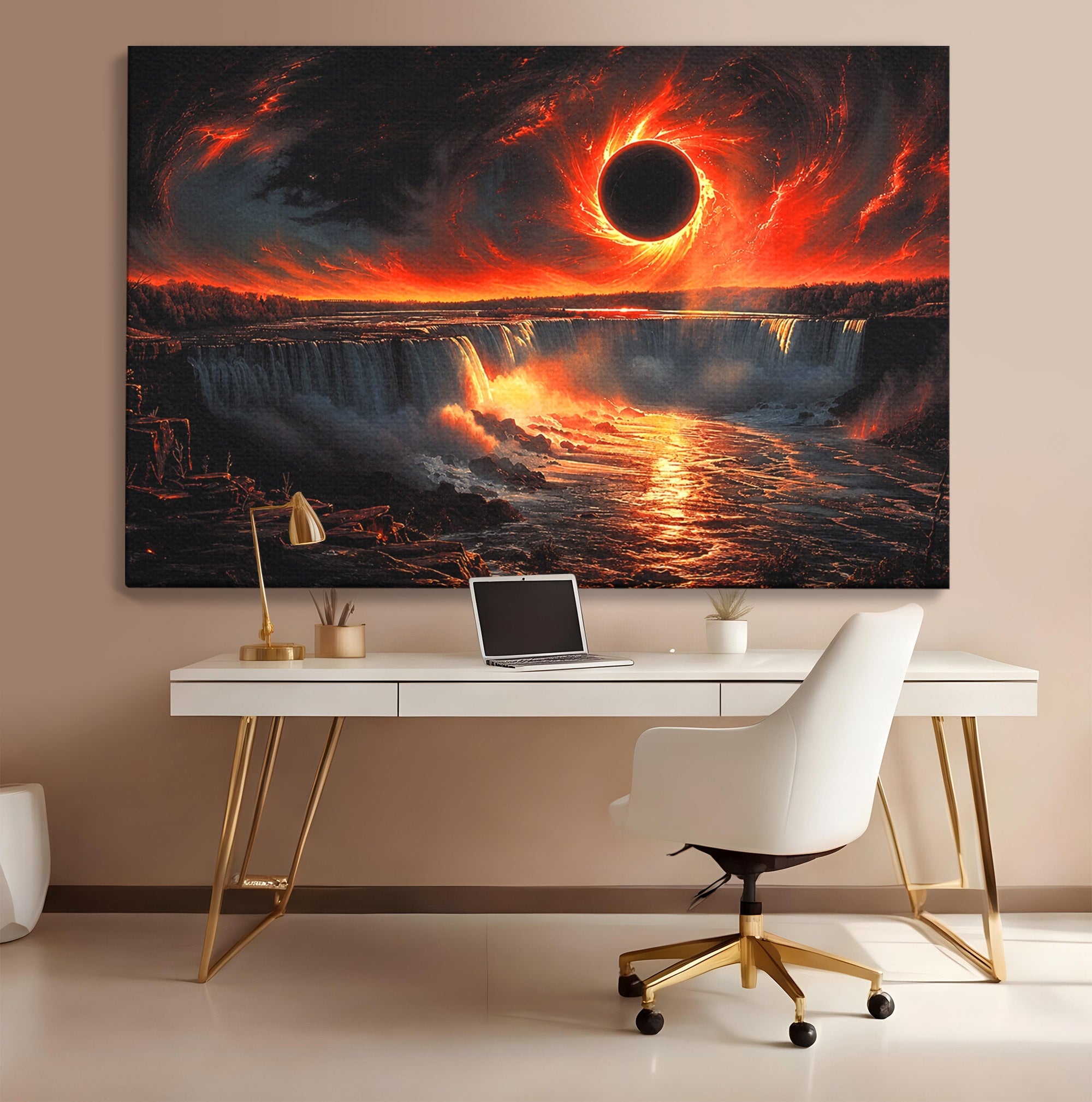 Tablou Canvas Premium LuxCanva® A1726, Eclipsa Mistica, Eclipsa, Cascada, Apus, Peisaj, Living, Culori Vibrante