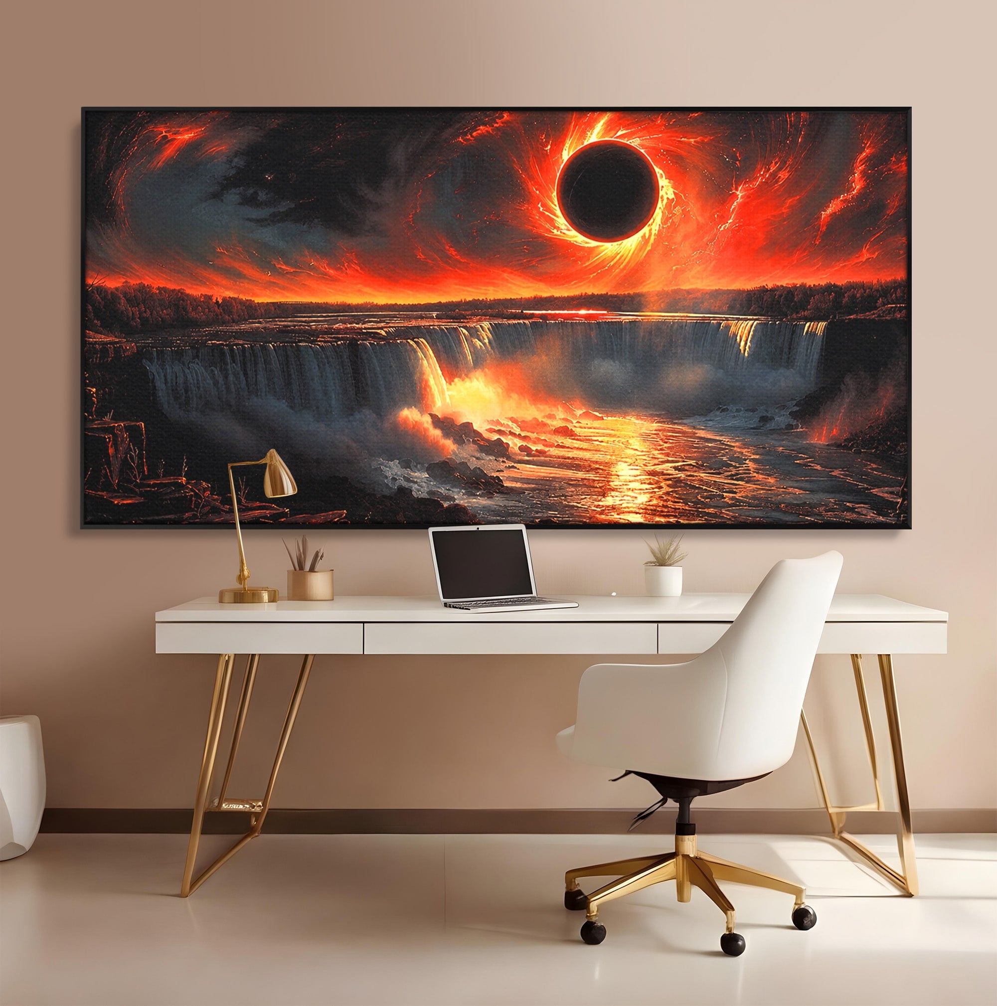 Tablou Canvas Premium LuxCanva® A1726, Eclipsa Mistica, Eclipsa, Cascada, Apus, Peisaj, Living, Culori Vibrante