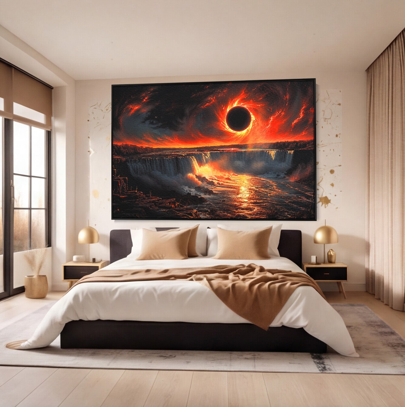 Tablou Canvas Premium LuxCanva® A1726, Eclipsa Mistica, Eclipsa, Cascada, Apus, Peisaj, Living, Culori Vibrante