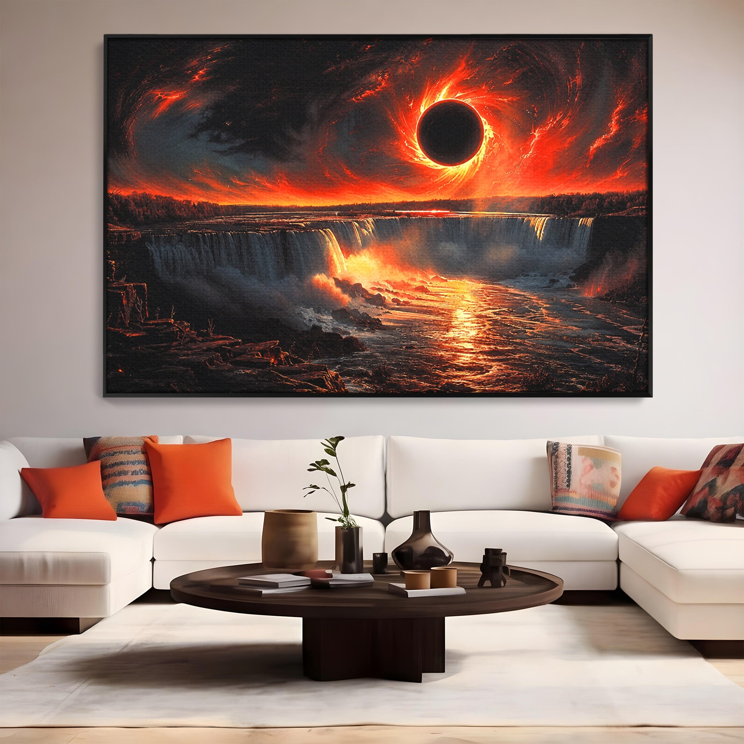 Tablou Canvas Premium LuxCanva® A1726, Eclipsa Mistica, Eclipsa, Cascada, Apus, Peisaj, Living, Culori Vibrante